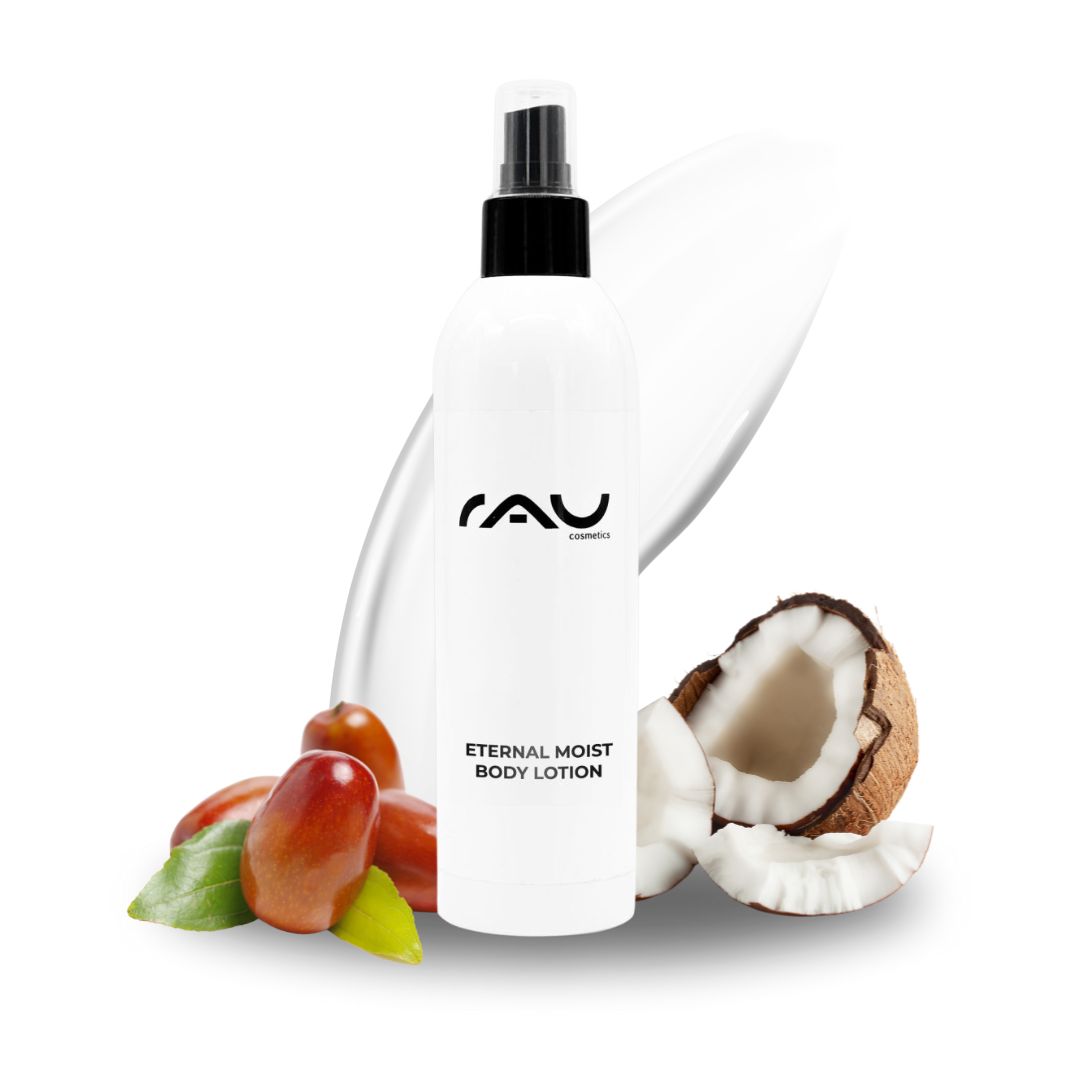 RAU Eternal Moist Body Lotion 250 ml - Intensive Feuchtigkeit für streichelzarte Haut RAU Eternal Moist Body Lotion, 250-ml-Flasche mit Kokosnuss und pflegenden Inhaltsstoffen, die auf intensive Feuchtigkeitsversorgung trockener Haut und eine seidige Textur Wert legen.