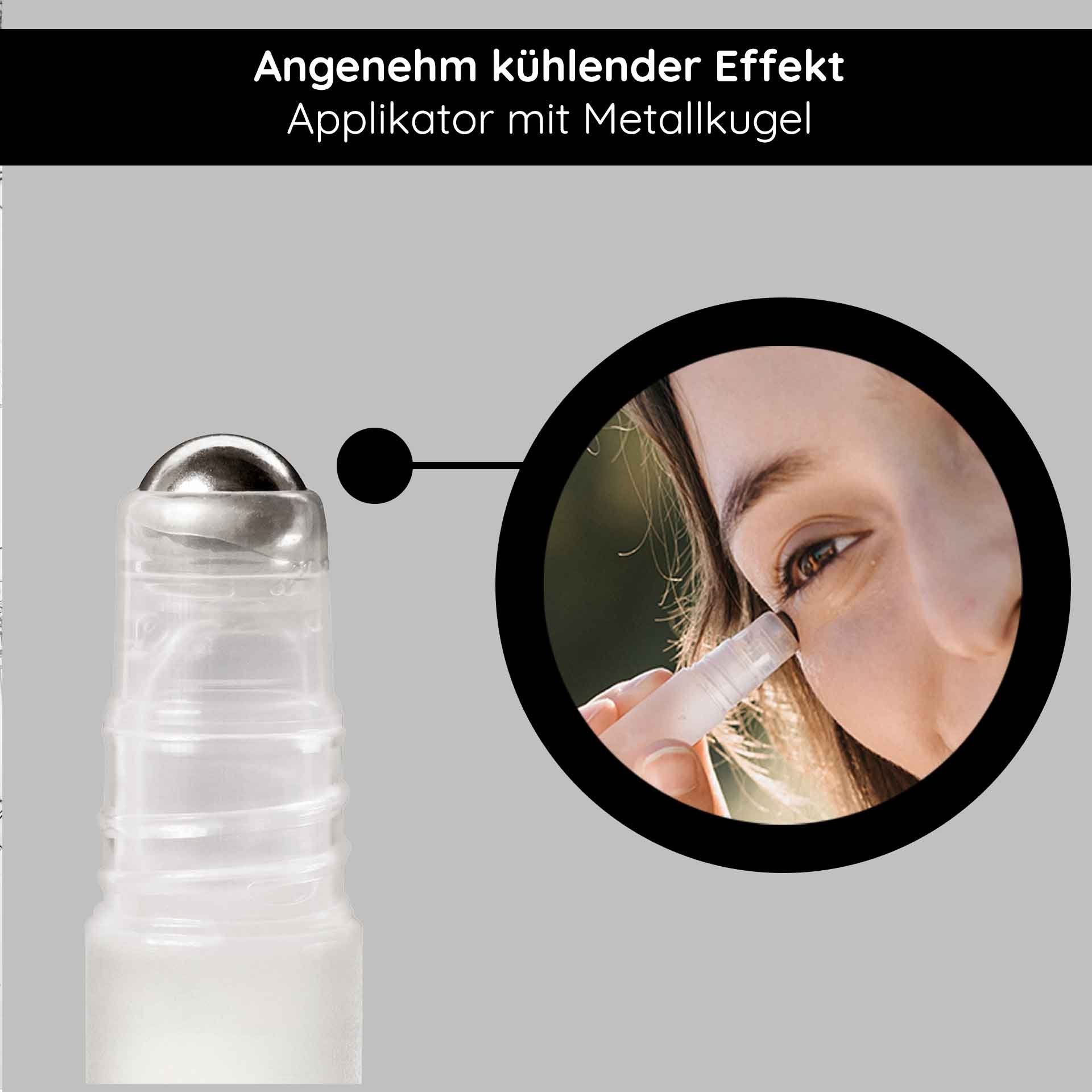 Angenehm kühlender Applikator mit Metallkugel für den RAU Eye Lifting Roll On, Anwendung zur Reduzierung von Fältchen, Augenringen und Tränensäcken.