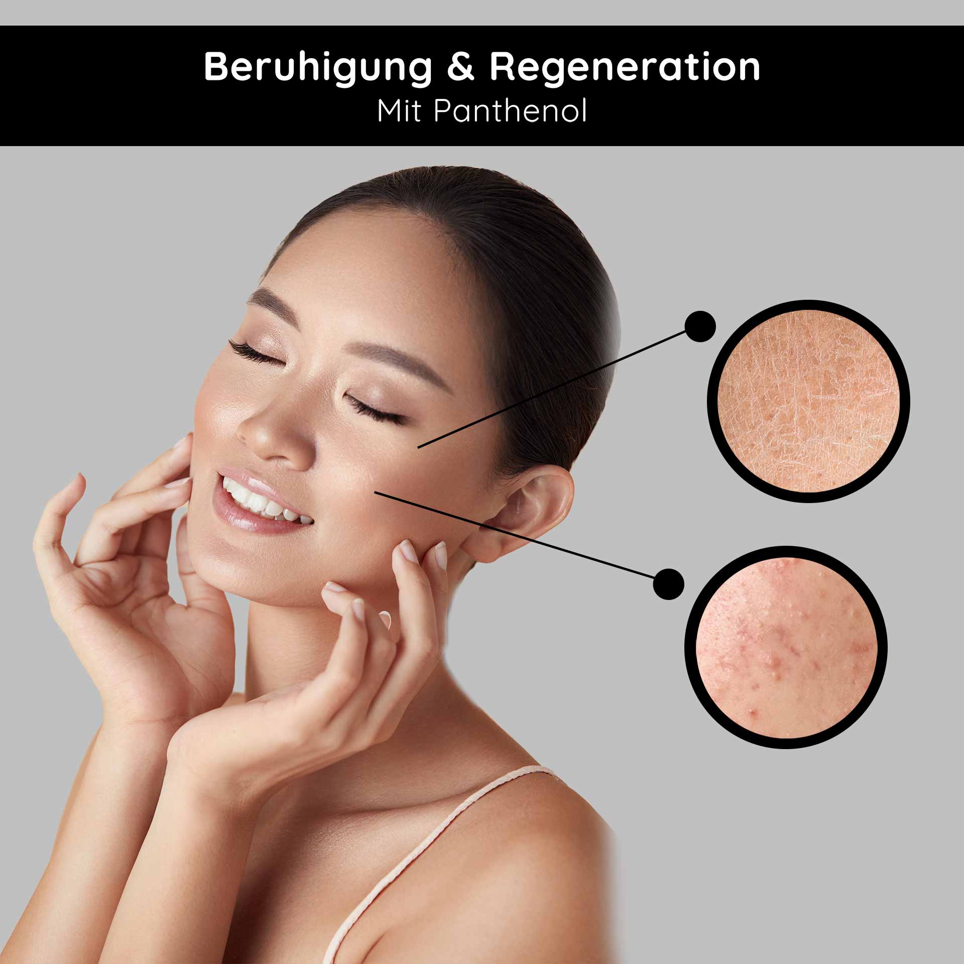 Stem Cell Serum 100 ml Anti-Aging Stammzellen Serum für reife & trockene Haut Frau mit geschlossenen Augen und sanftem Lächeln, die ihre Wangen berührt, umgeben von Hauttexturen, die Hautberuhigung und Regeneration mit Panthenol symbolisieren.