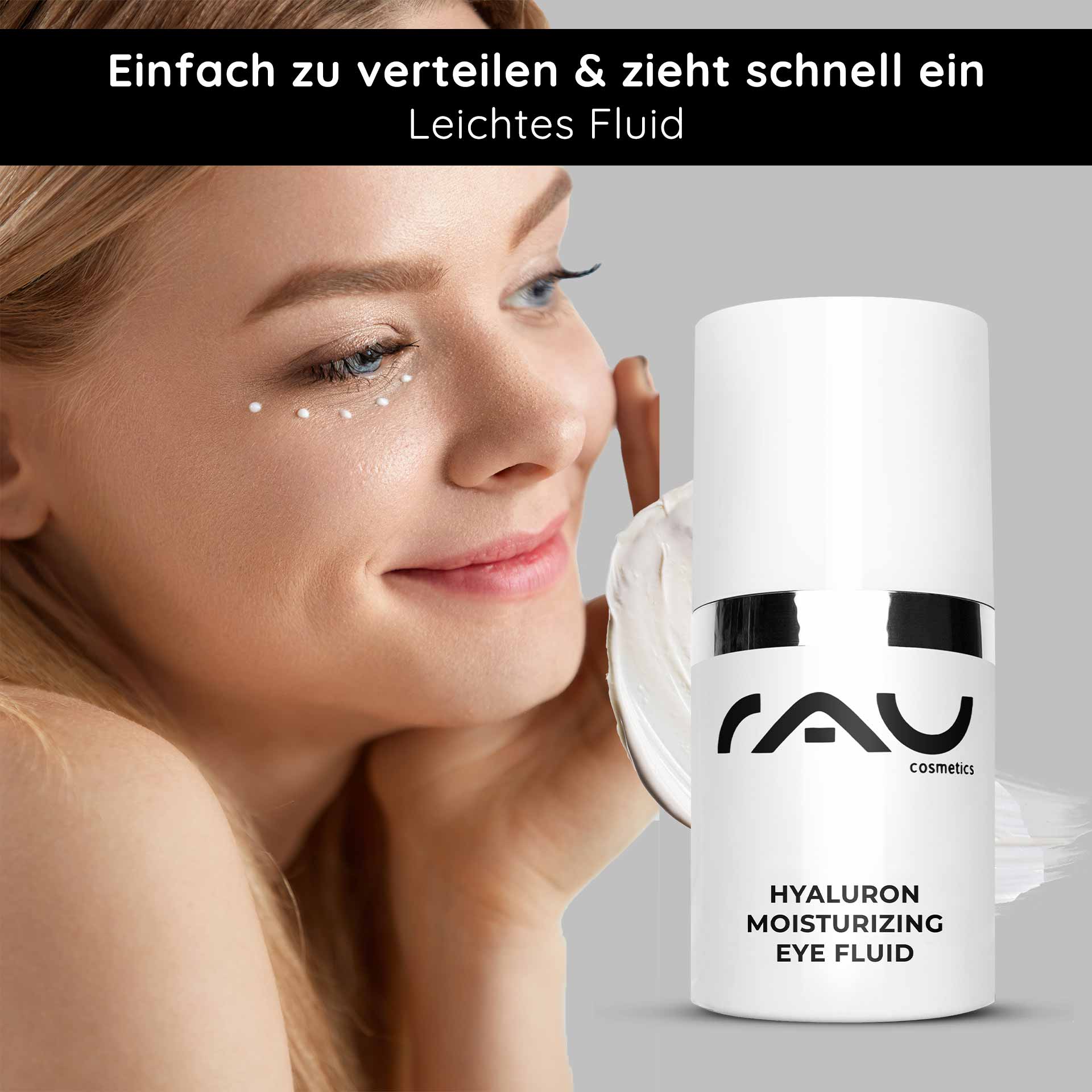 Hyaluron Moisturizing Eye Fluid 15 ml Feuchtigkeitsgel ideal bei trockener Haut Frau mit Hyaluron Moisturizing Eye Fluid von RAU Cosmetics, aufgetragen unter dem Auge, betont die feuchtigkeitsspendenden Eigenschaften des Produkts für trockene Haut.