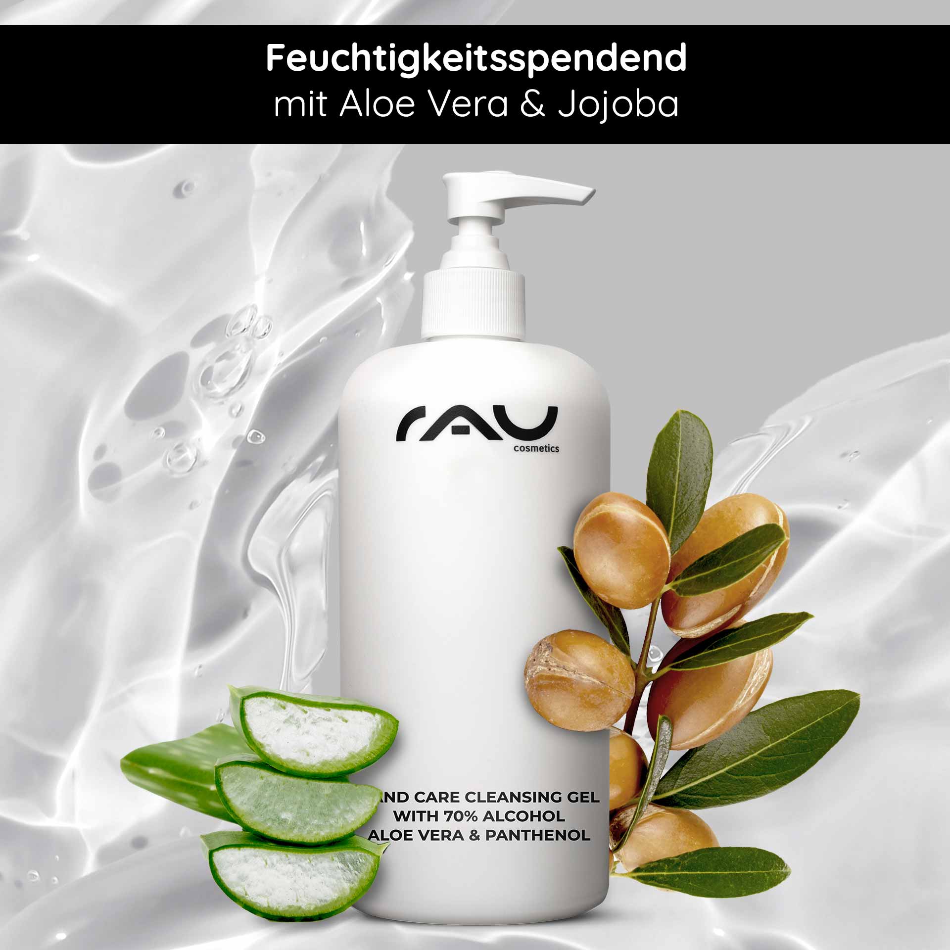 Hand Care Cleansing Gel 500 ml Desinfektion & Pflege Flasche mit Pumpe für das Handpflege-Reinigungsgel von RAU Cosmetics mit Aloe Vera und Jojoba, umgeben von Aloe-Scheiben und Öltröpfchen, die die feuchtigkeitsspendenden und desinfizierenden Eigenschaften betonen.