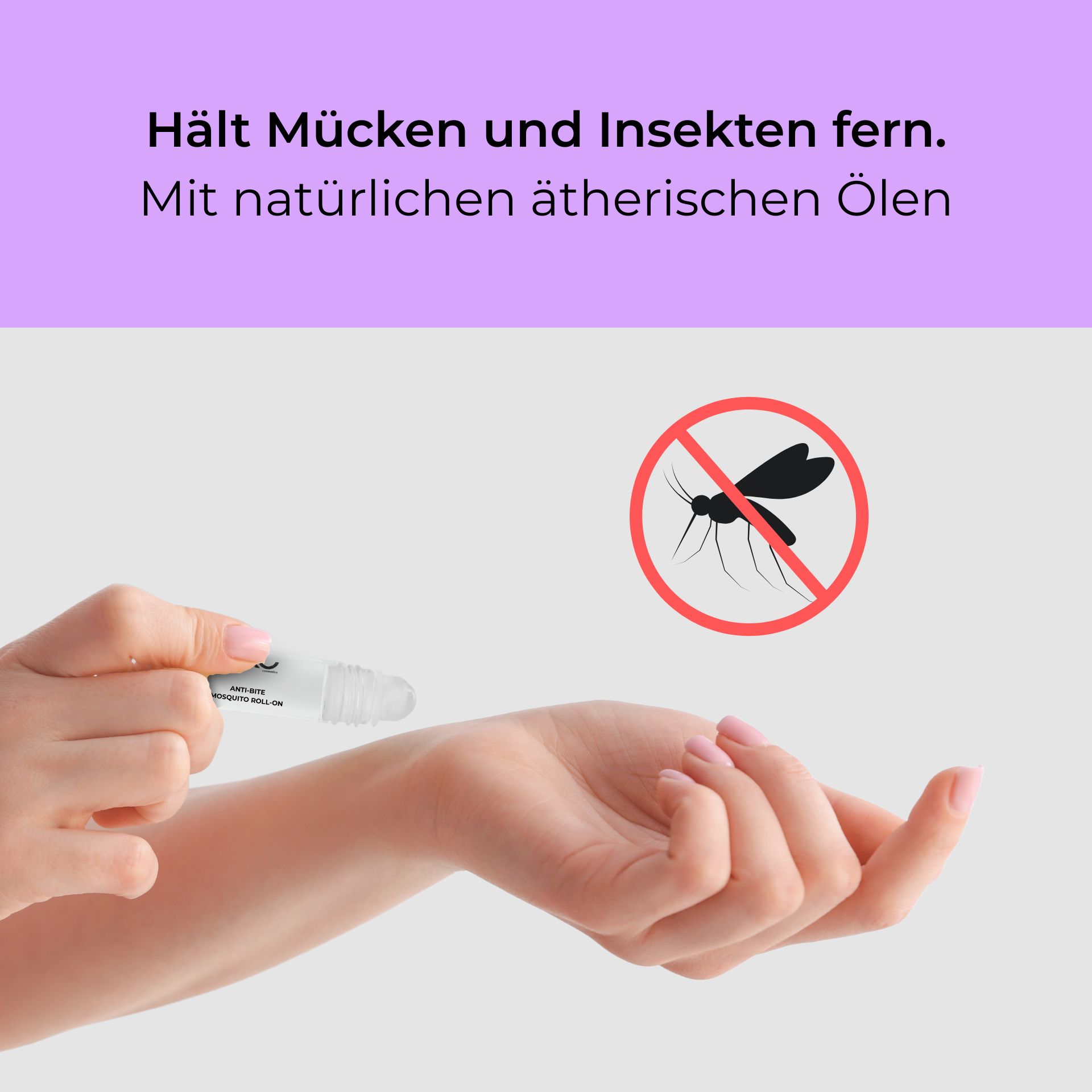 Anti Bite Mosquito Roll-On 10 ml - Natürlich gegen Mückenstiche & Co. Anti-Bite-Mosquito-Roll-On zur Anwendung am Handgelenk mit natürlichen ätherischen Ölen zum Schutz vor Insekten, ohne Mückensymbol im Hintergrund.