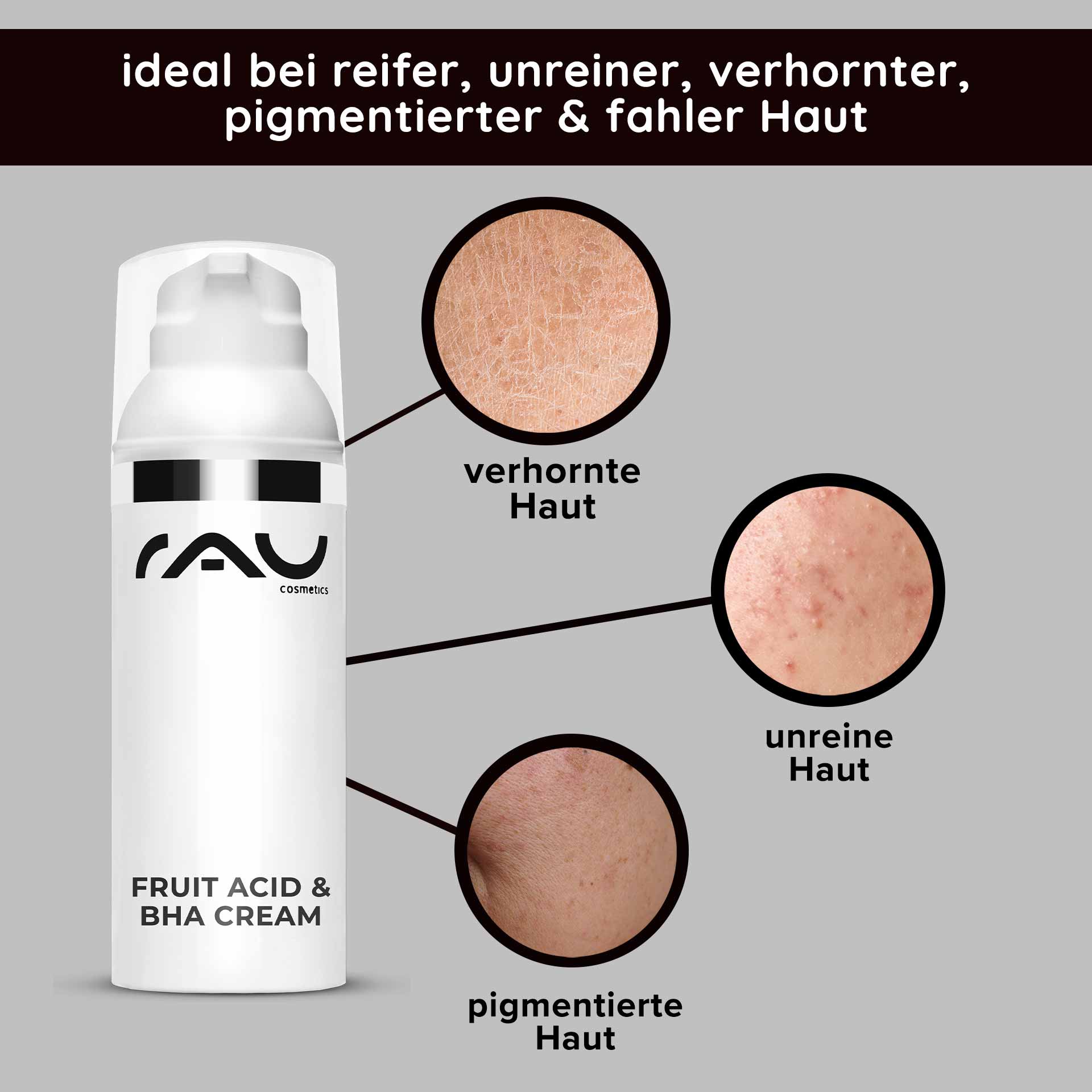 Fruit Acid & BHA Cream 50 ml - BHA Fruchtsäurecreme Verpackung der RAU Cosmetics Fruit Acid & BHA Cream mit hervorgehobenen Hauttypen: verhornte, unreine, pigmentierte und fahle Haut, mit Betonung der Vorteile für reife und problematische Haut.
