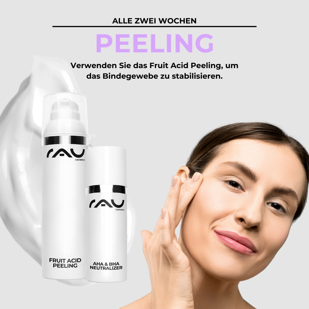 Profi Pflegeroutine bei Couperose Frau mit glattem Teint, die AHA- und BHA-Neutralisierer sowie Fruchtsäurepeeling von RAU Cosmetics anwendet, um Couperose zu behandeln.
