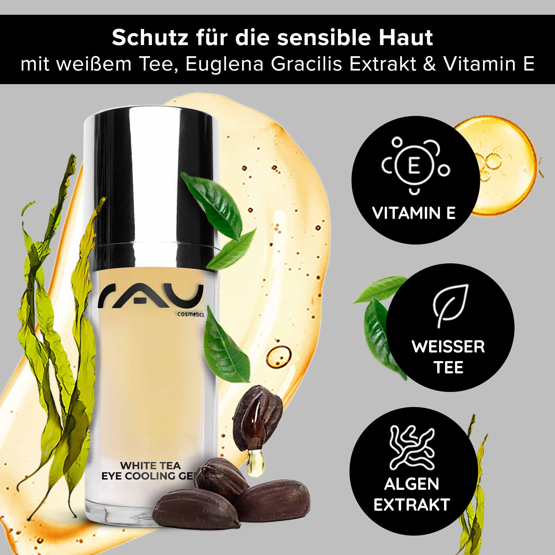 RAU Cosmetics White Tea Eye Cooling Gel mit weißem Tee, Euglena Gracilis-Extrakt und Vitamin E, entwickelt für empfindliche Haut, umgeben von Blättern und Tropfen, die die Feuchtigkeitsversorgung und die Anti-Aging-Wirkung betonen.