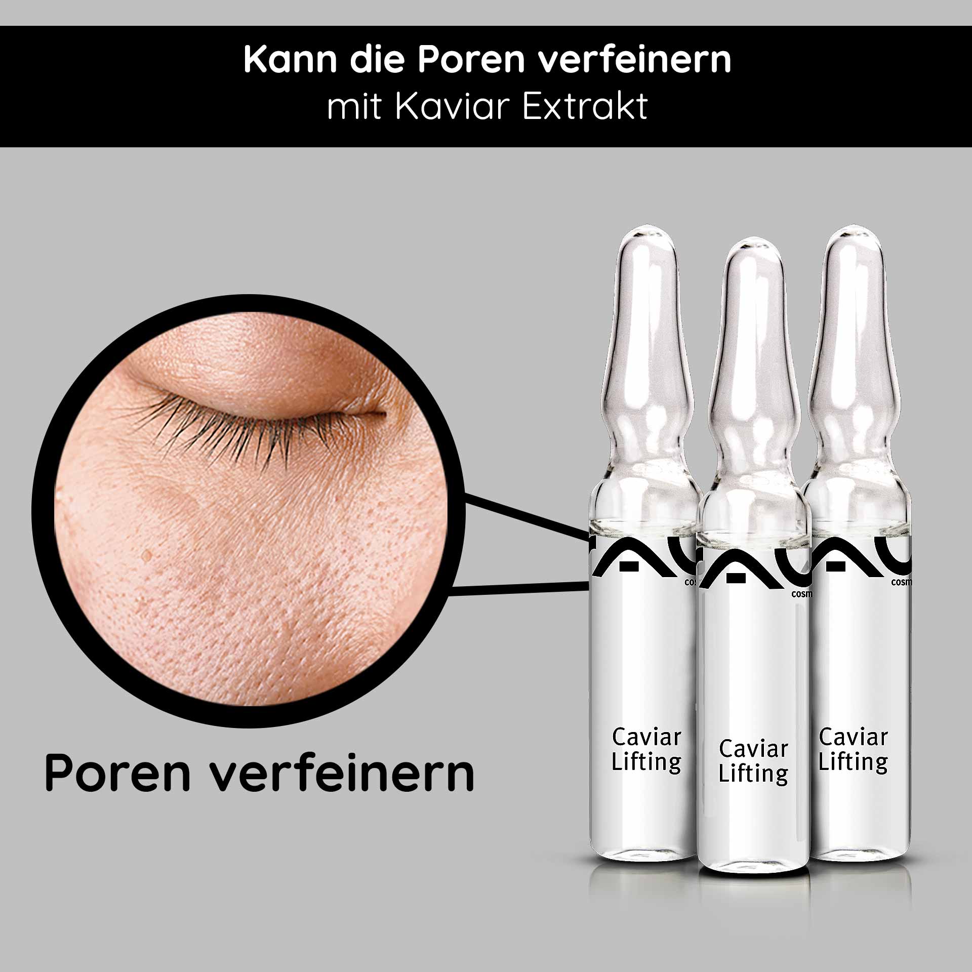 Caviar Lifting Ampullen 10x2 ml Anti-Aging & Reproage Caviar Lifting Ampullen von RAU Cosmetics, mit Vergrößerung eines Hautbereichs, der die Porenverfeinerung zeigt, und Text "Kann die Poren verfeinern mit Kaviar Extrakt".