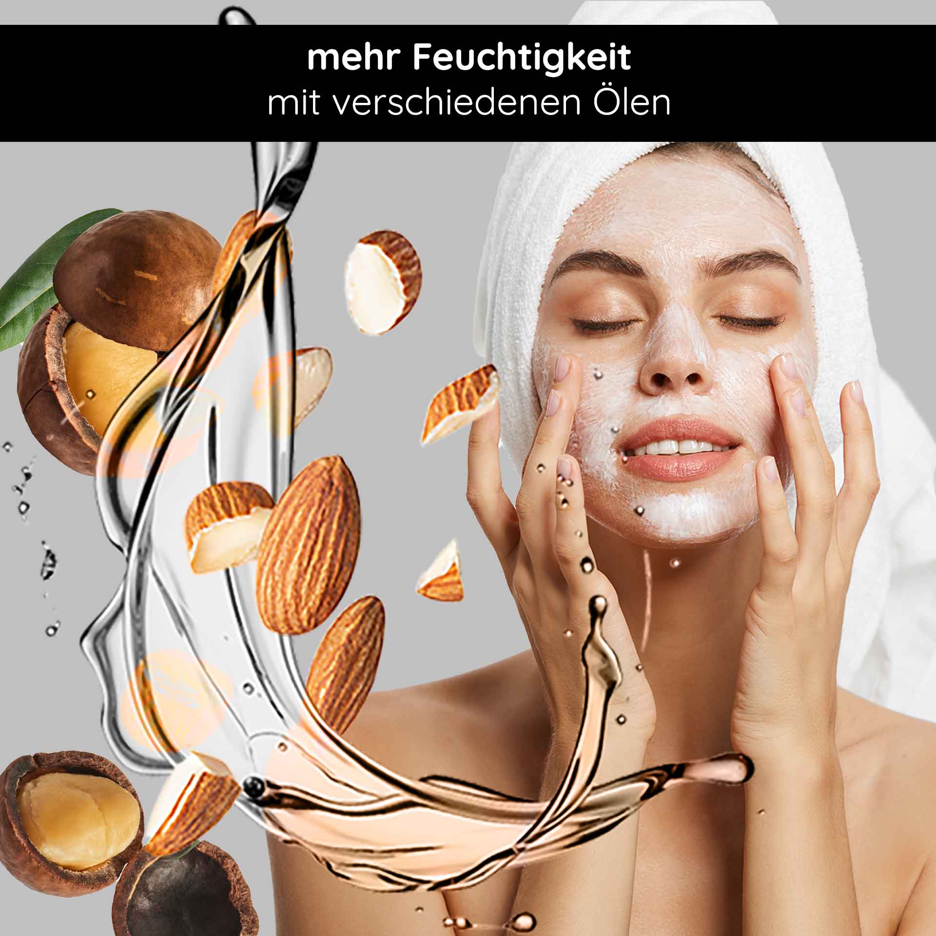 Beta Glucan Recovery Mask 200 ml Maske für irritierte Haut Frau mit Hand im Gesicht, die Gesichtsmaske aufträgt, umgeben von Nüssen und Ölen, Text: "mehr Feuchtigkeit mit verschiedenen Ölen", visuelle Darstellung von Hautpflege und Feuchtigkeitspflege.