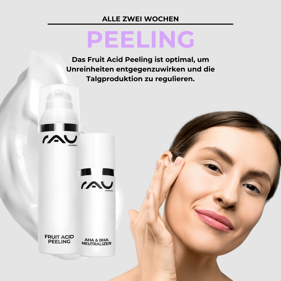 Profi Pflegeroutine für unreine fettige Haut Professionelle Hautpflegeprodukte von RAU Cosmetics für unreine fettige Haut, einschließlich Fruchtsäurepeeling und AHA & BHA Neutralisierer, mit einer Person, die sanft ihr Gesicht berührt.