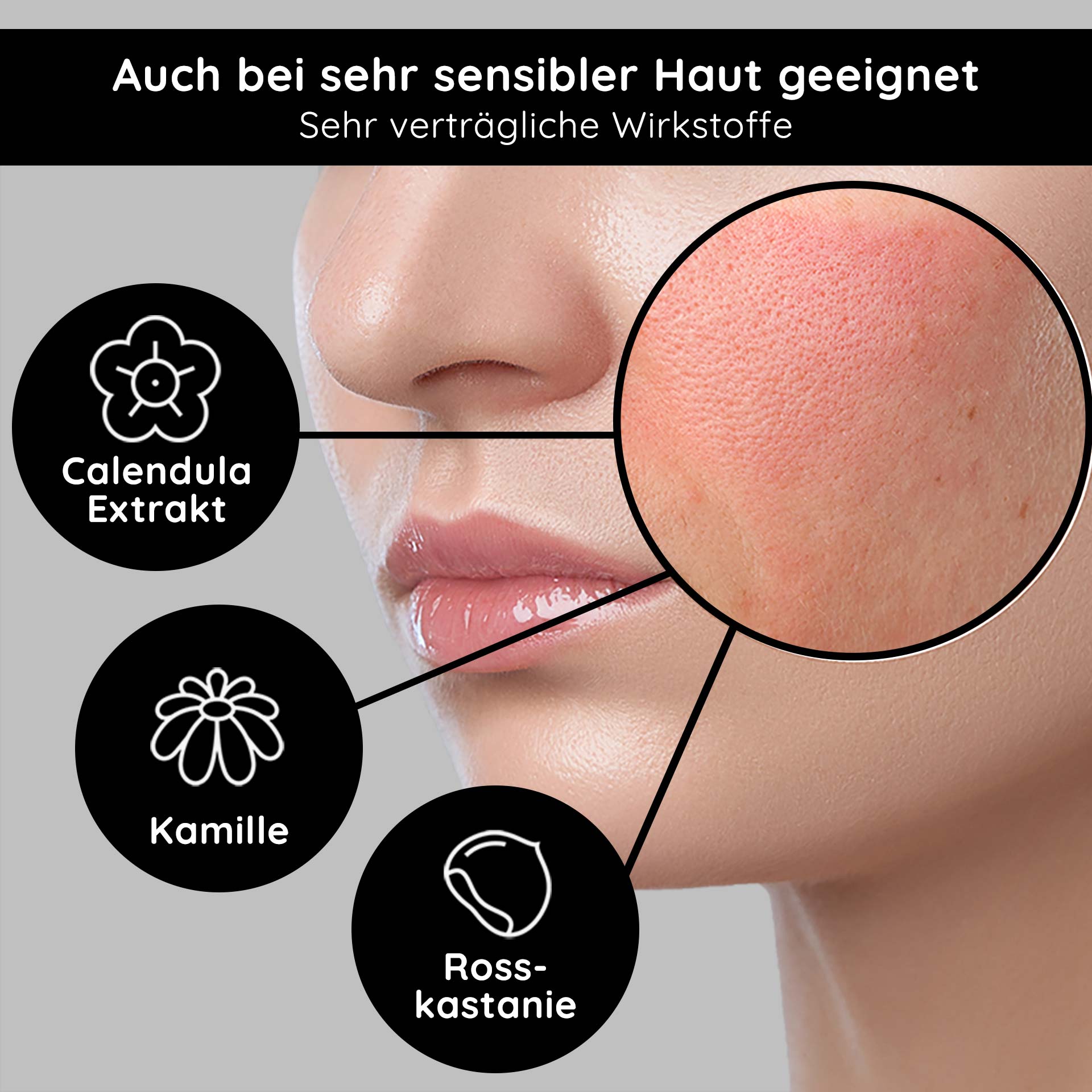Anti Redness Couperose Serum 50 ml bei Rosacea - wirkt Rötungen entgegen Gesichtshaut mit sichtbaren Rötungen, hervorgehobene Inhaltsstoffe: Calendula Extrakt, Kamille, Rosskastanie, geeignet für empfindliche Haut.