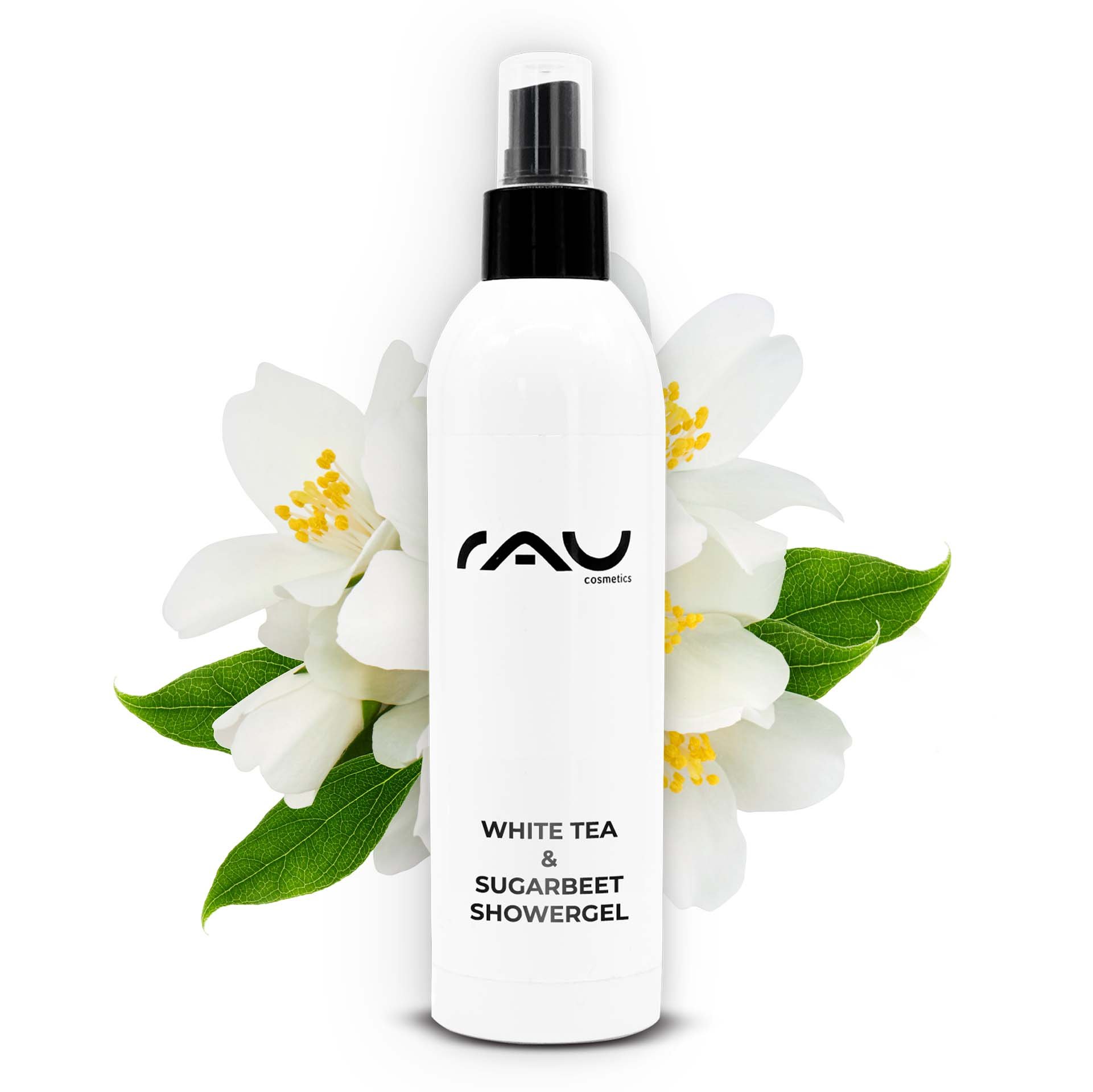 Duschgelflasche mit weißem Tee und Zuckerrüben und floralem Hintergrund, die eine sanfte Reinigung und Feuchtigkeitsversorgung für alle Hauttypen fördert, von RAU Cosmetics.