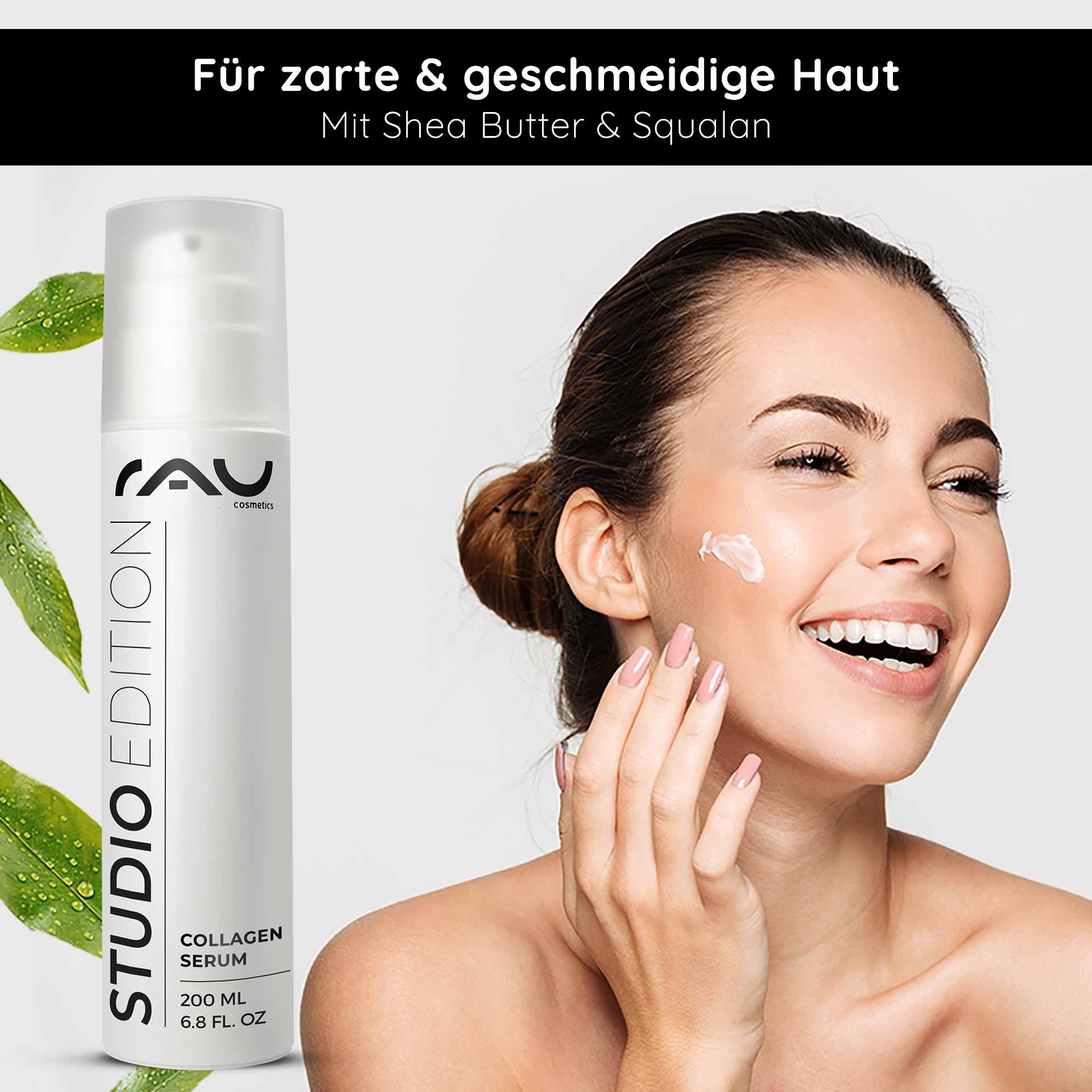 Caviar 24h Cream 200 ml Hautpflege mit Caviar Extrakt Flasche RAU Cosmetics Collagen Serum mit Sheabutter und Squalan, Frau trägt Creme auf ihr Gesicht auf, fördert weiche und glatte Haut, Vorteile für die Hautpflege.