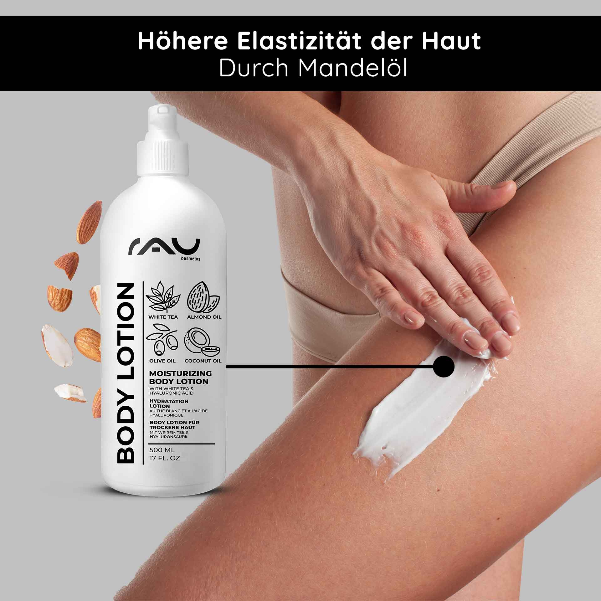 White Tea Bodylotion für trockene Haut 500 ml  Flasche der RAU Cosmetics White Tea Body Lotion mit Feuchtigkeitscreme zum Auftragen auf die Haut, mit Inhaltsstoffen wie Mandelöl und Kokosöl, die die Hautelastizität und Feuchtigkeitsversorgung trockener Haut fördern.