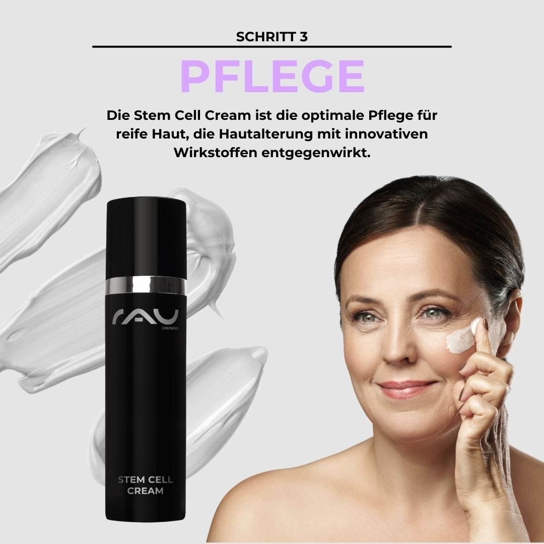 RAU Stem Cell Cream für reife Haut, Frau, die Creme auf ihr Gesicht aufträgt, Anti-Aging-Hautpflegeroutine, innovative Inhaltsstoffe, Vorteile für die Hautpflege.