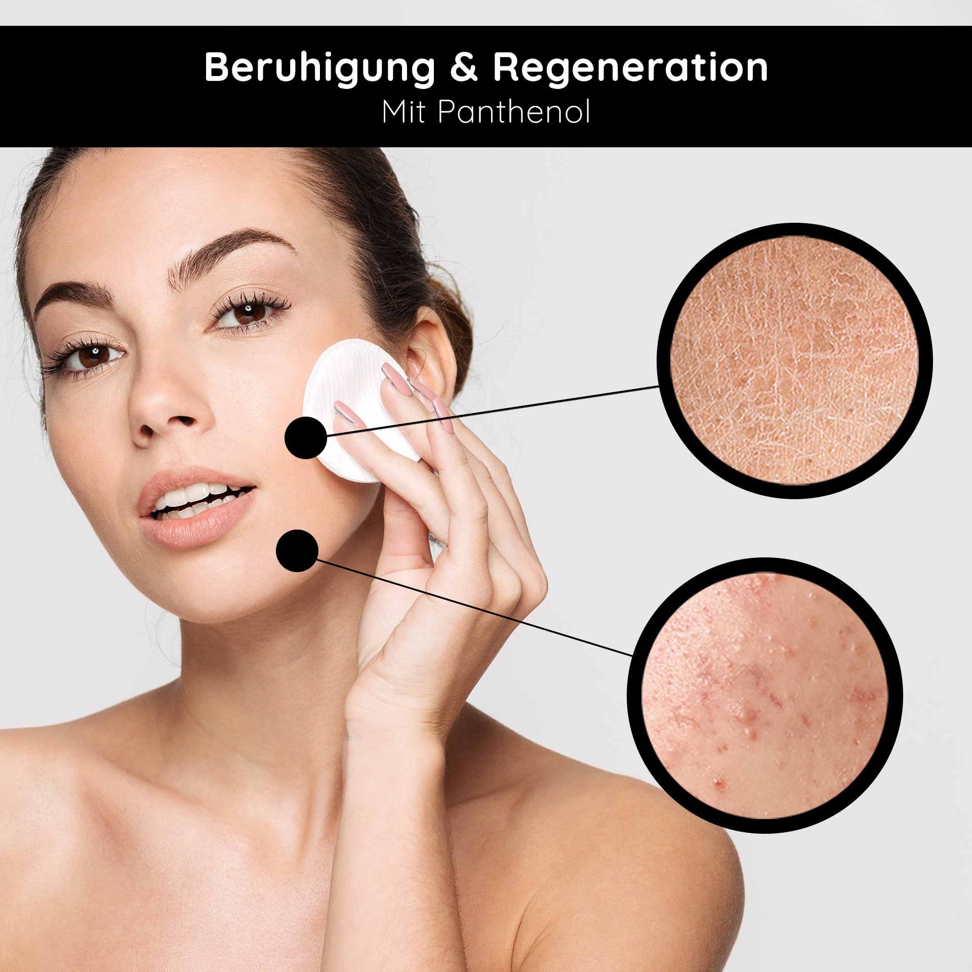Retinol Serum Roll-On 10 ml - Vitamin A Serum für trockene und reife Haut Frau mit Wattepad auf dem Gesicht, Anwendung von Hautpflege mit Panthenol, Hautverfeinerung und Regeneration, betonte Hautunreinheiten und trockene Stellen.