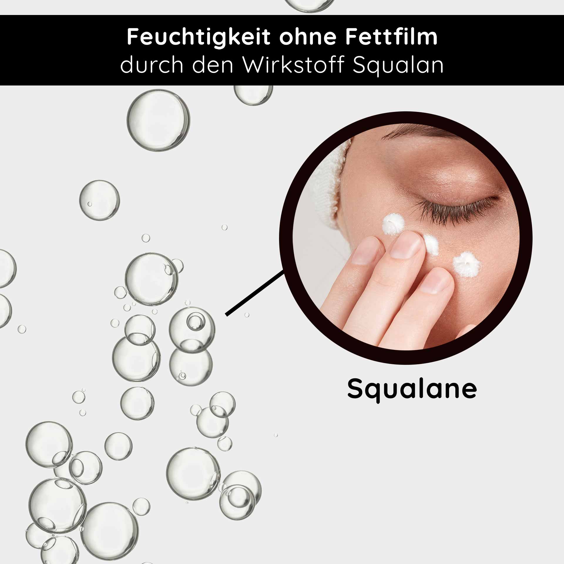 Stem Cell Cream 50 ml Stammzellen Anti Aging Creme für trockene reife Haut Feuchtigkeit ohne Fettfilm durch Squalan, Person trägt Creme auf Gesicht auf, Blasen im Hintergrund, betont feuchtigkeitsspendende Eigenschaften.