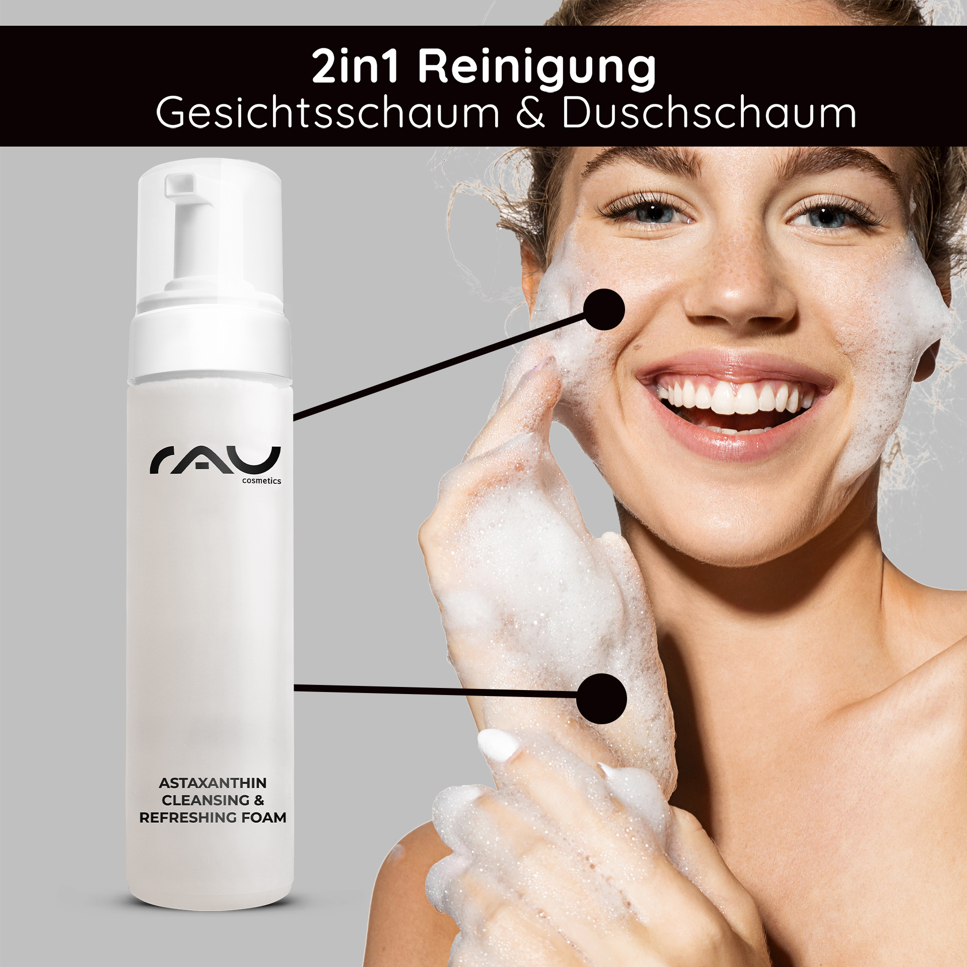 Astaxanthin Cleansing & Refreshing Foam 200 ml Reinigungsschaum Flasche, Kopf, Person, Gesicht