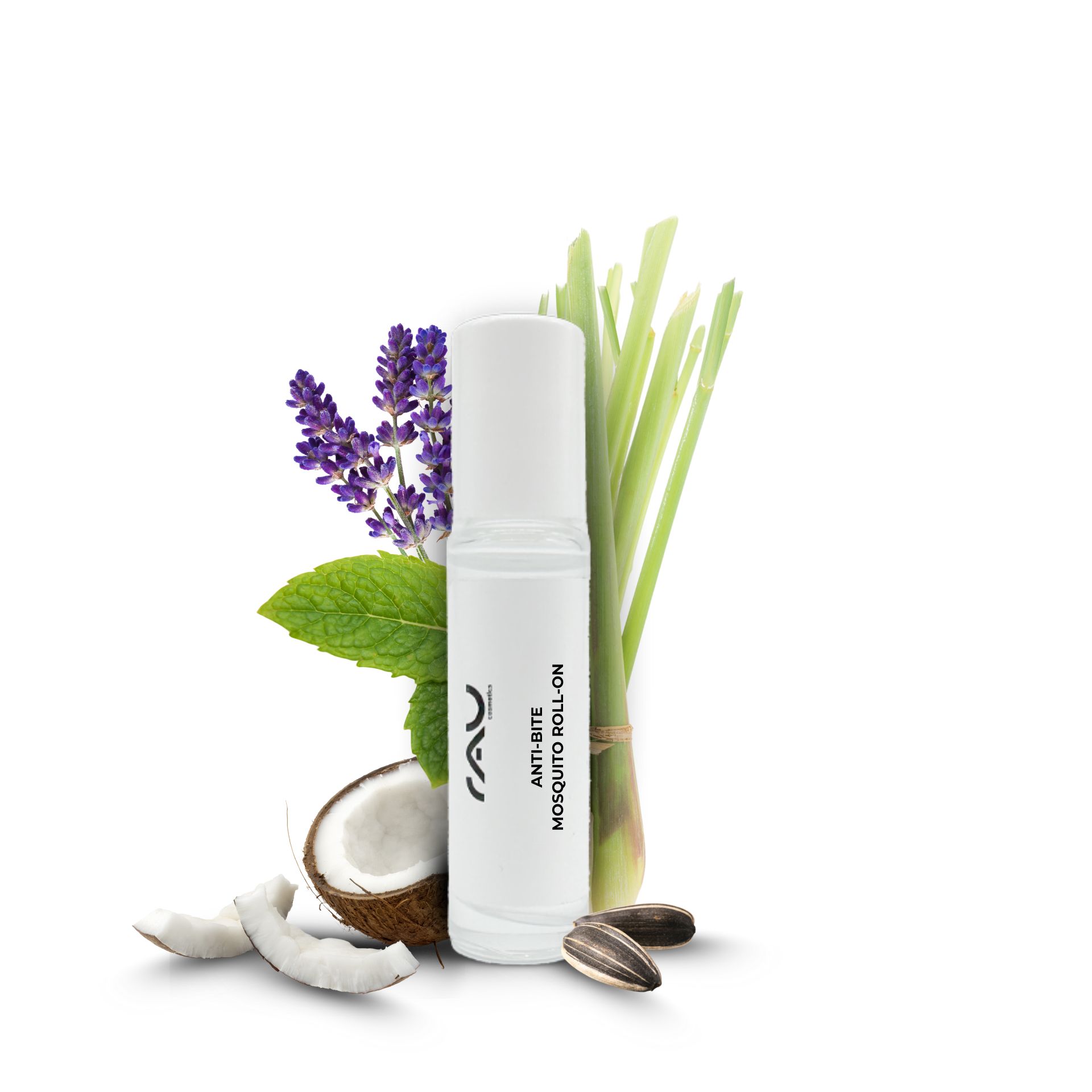 Anti Bite Mosquito Roll-On 10 ml - Natürlich gegen Mückenstiche & Co. RAU Cosmetics Anti Bite Mosquito Roll-On 10 ml mit natürlichen Inhaltsstoffen wie Zitronengras, Lavendel und Minze, umgeben von Kokosnuss- und Sonnenblumenkernen, zur Linderung von Insektenstichen und zur Hautpflege.