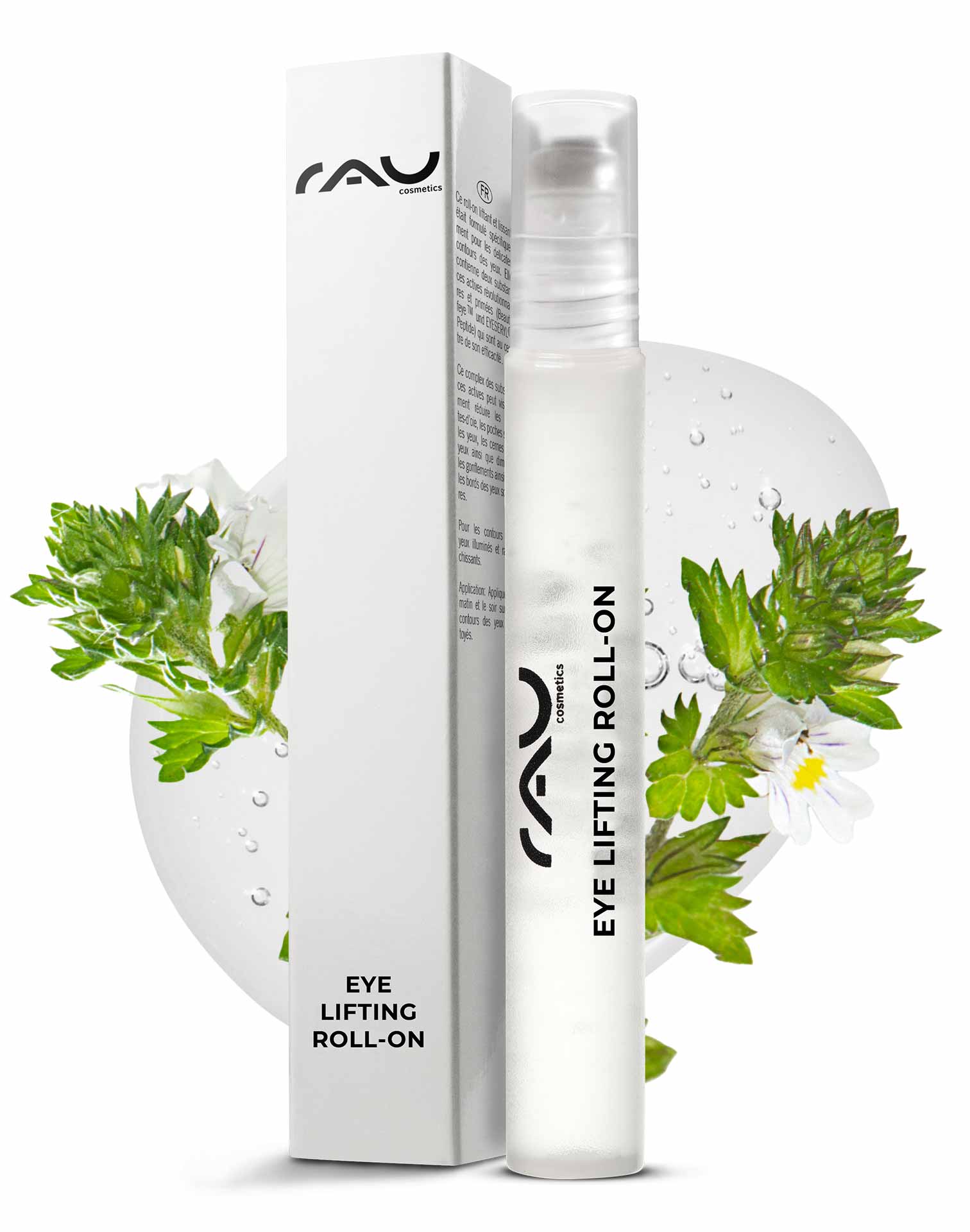 Eye Lifting Roll On 10 ml für eine strahlende Augenpartie RAU Eye Lifting Roll-On-Verpackung mit Produktetikett, mit elegantem Design und pflanzlichen Elementen, die die Anti-Aging-Vorteile für die Augenpartie hervorheben.