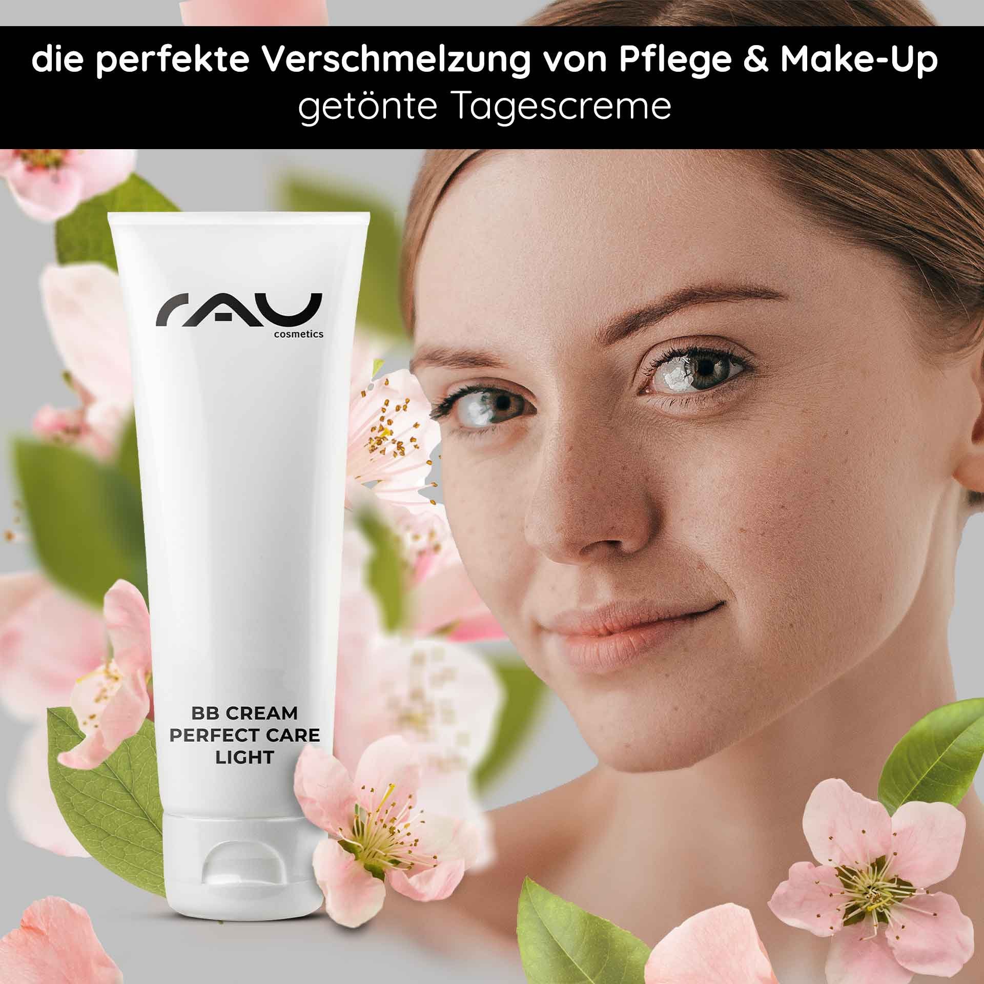 RAU Cosmetics BB Cream Perfect Care Light-Tube mit floralem Hintergrund, die die Fusion von Hautpflege und Make-up für einen strahlenden Teint präsentiert.