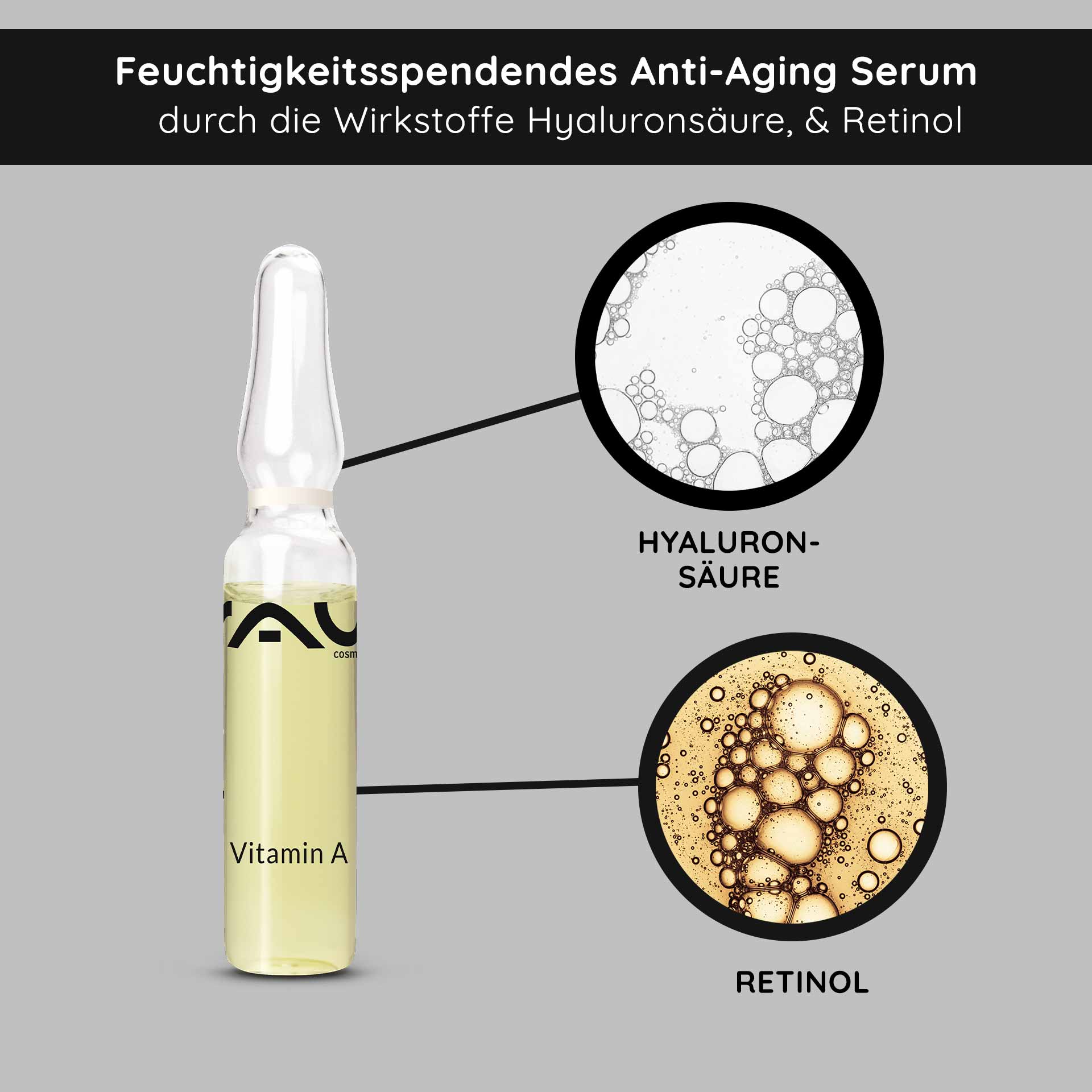 Vitamin A Ampullen 10x2 ml Retinol Serum bei trockener Haut Vitamin A Ampulle von RAU Cosmetics, feuchtigkeitsspendendes Anti-Aging Serum mit Hyaluronsäure und Retinol, für reife und unreine Haut.