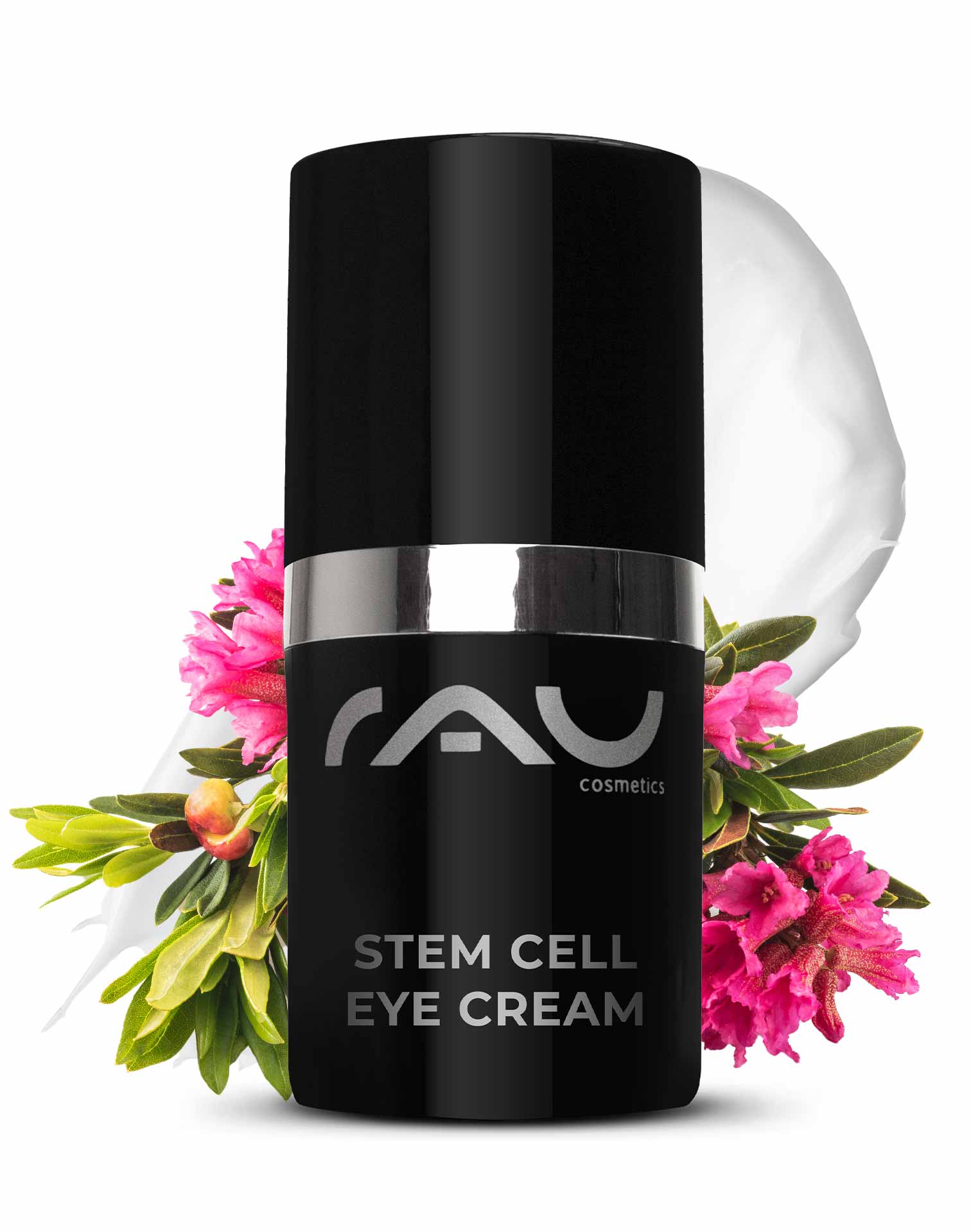 Stem Cell Eye Cream 15 ml Anti Aging Augencreme RAU Stem Cell Eye Cream in eleganter schwarzer Verpackung mit silbernen Akzenten, umgeben von rosa Blumen, die die Anti-Aging-Vorteile für die empfindliche Haut um die Augen betonen.