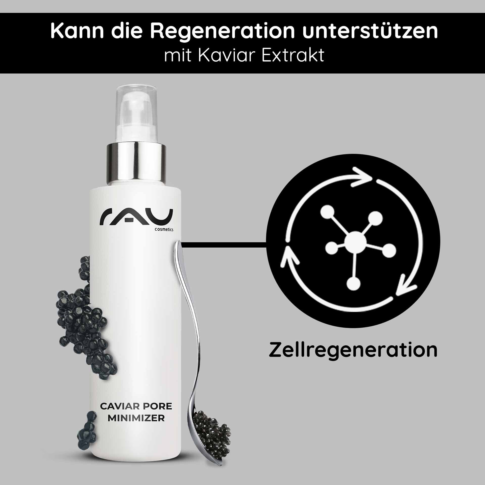 Flasche RAU Cosmetics Caviar Pore Minimizer Serum mit Kaviarextrakt, das die Vorteile der Porenverkleinerung und Zellregeneration hervorhebt.