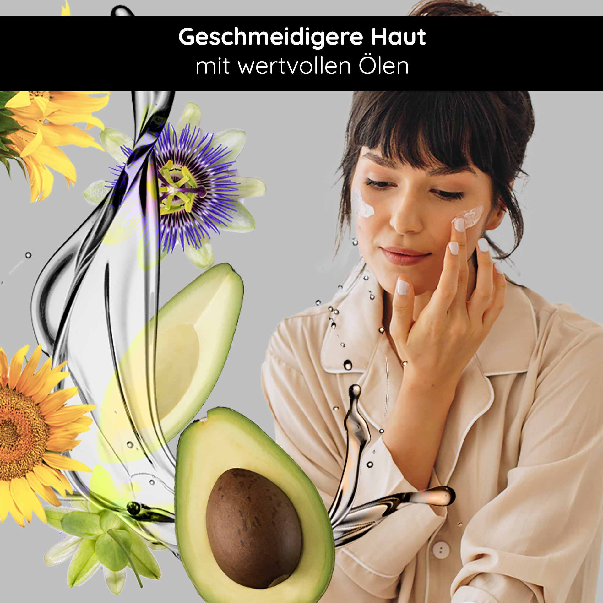 Hyaluron Cream SPF10 50 ml Gesichtscreme mit UV-Schutz für trockene Haut Frau mit Gesichtscreme und Avocado, umgeben von blühenden Pflanzen und Ölen, betont Hautpflege und Feuchtigkeit.