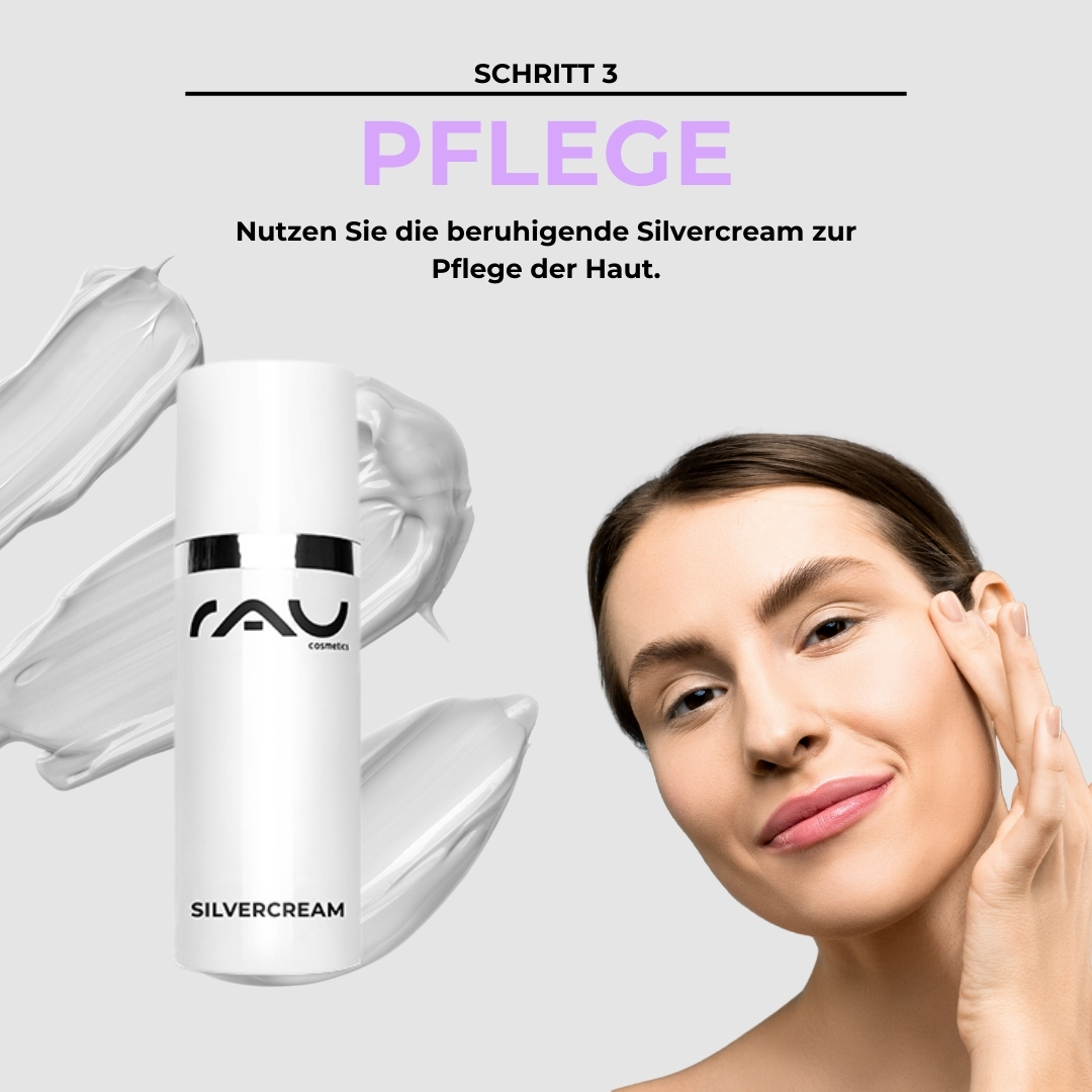 Basis Pflegeroutine für Couperose Beruhigende Silvercream von RAU Cosmetics zur Pflege der Haut, mit Anwendungshinweis "Schritt 3", und einer Person, die das Produkt anwendet.
