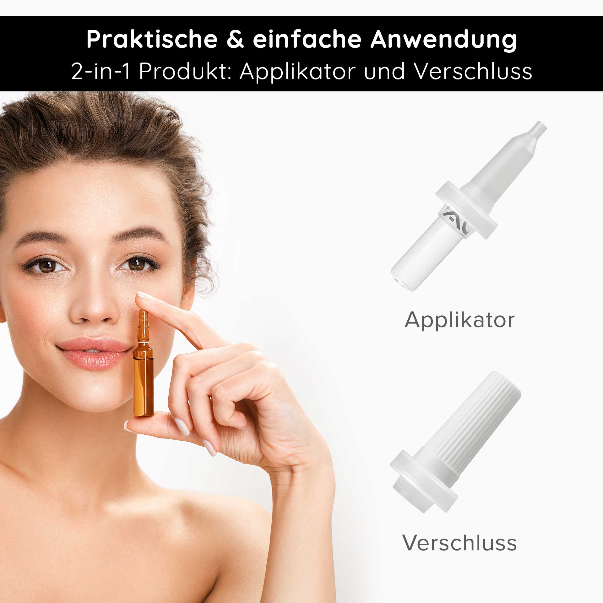 Ampullen Applikator 2 ml Ampullen Frau mit braunen Haaren hält eine braune Ampulle und zeigt auf ihr Gesicht, 2-in-1 Applikator und Verschluss für RAU Cosmetics hochkonzentrierte Hautpflegeampullen.