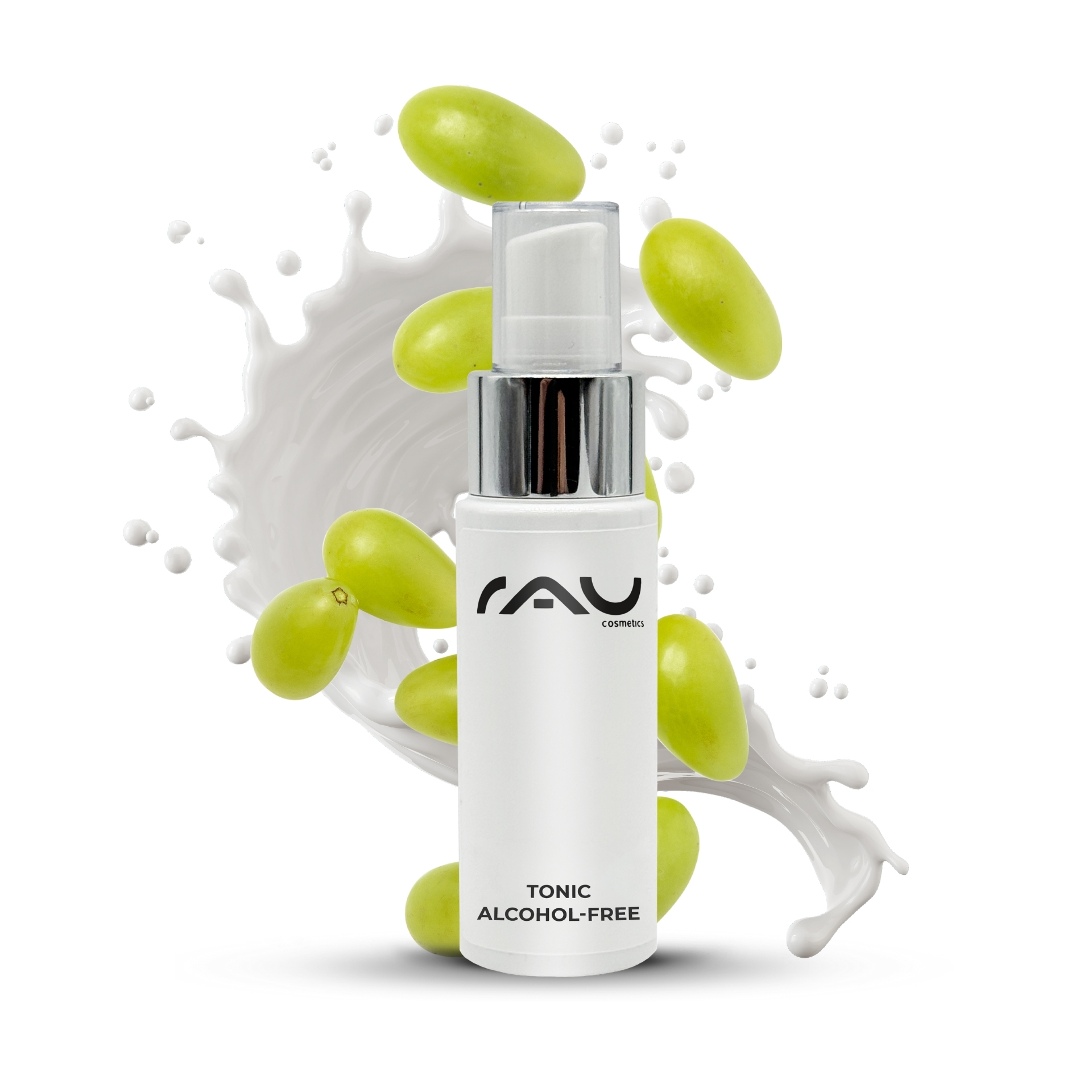 RAU Tonic alcohol-free 50 ml - Gesichtswasser mit Brennnessel-Extrakt Alkoholfreie Gesichtswasserflasche RAU Tonic mit Brennnesselextrakt, umgeben von grünen Trauben und Flüssigkeitsspritzern, die die sanfte Reinigung empfindlicher Haut betonen.
