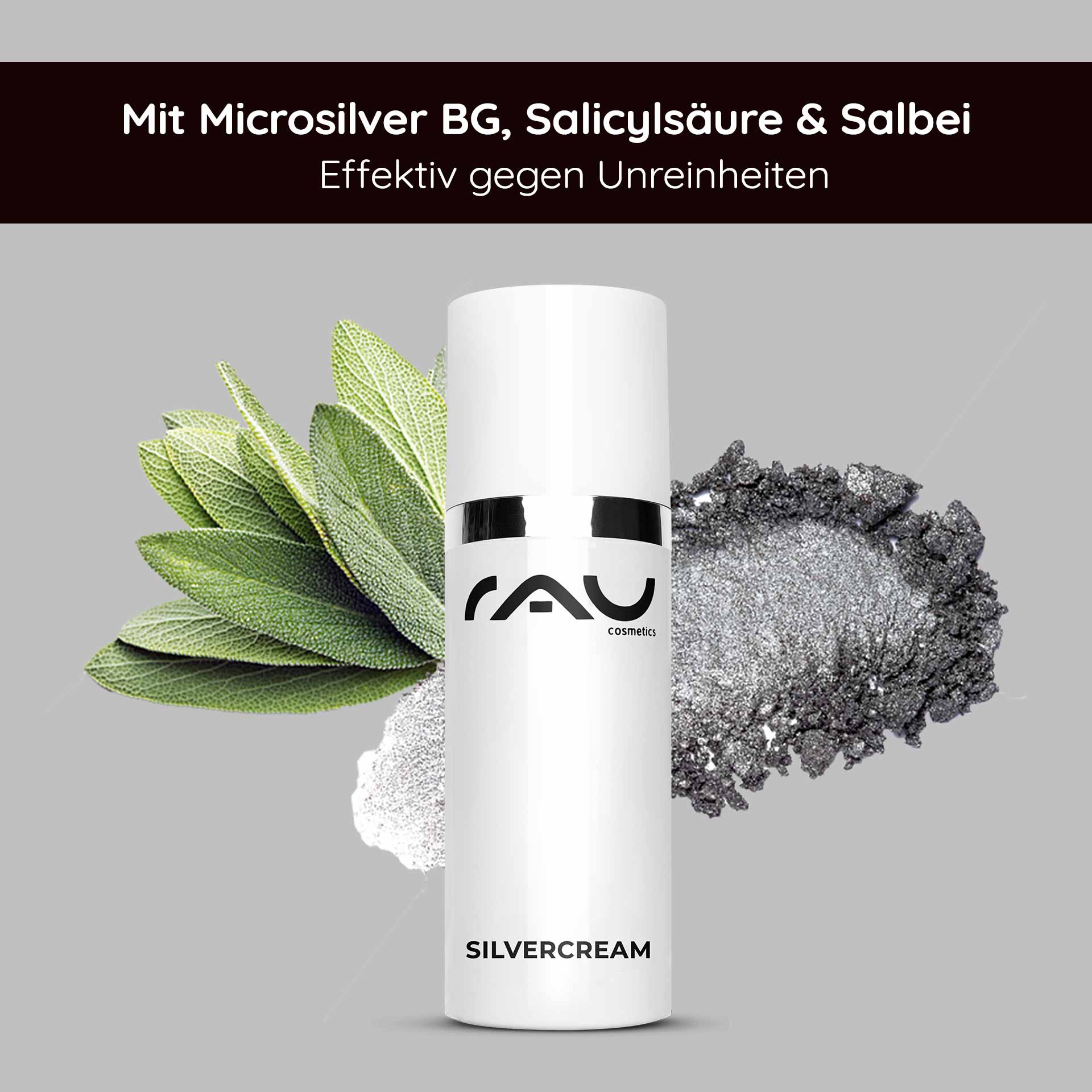 Silbercreme 50 ml - Silver Repaircream gegen Pickel bei Unreinheiten Verpackung der RAU Silvercream mit Mikrosilber, Salicylsäure und Salbei zur Behandlung von Hautunreinheiten auf grauem Hintergrund.