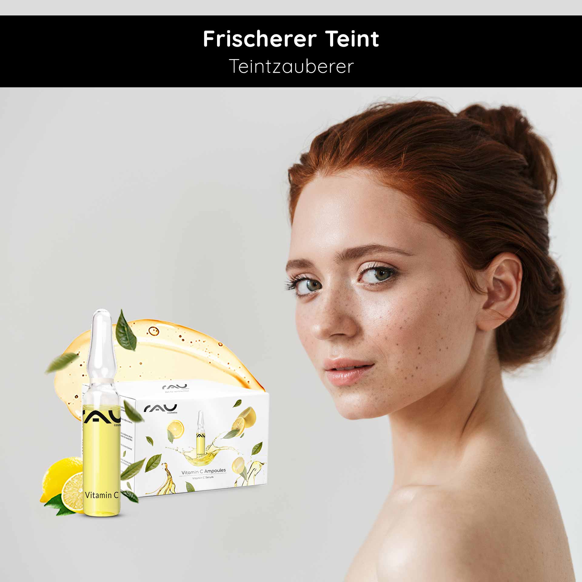 Vitamin C Ampullen 14x2 ml für reife & unreine Haut Vitamin C Ampulle von RAU Cosmetics mit frischem Teint, umgeben von Zitronen und Pflanzenmotiven, für die Verbesserung des Hautzustands und einen strahlenden Teint.