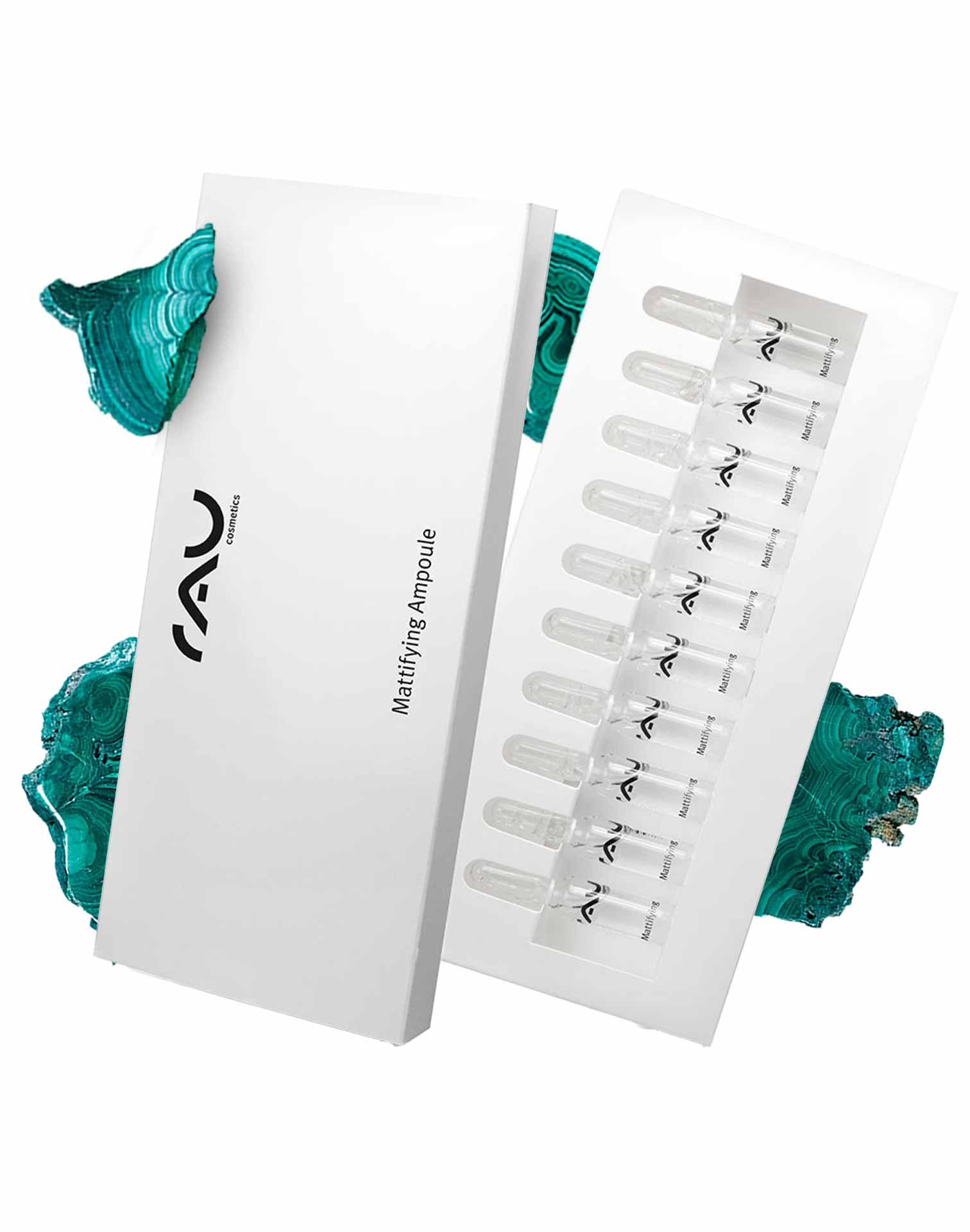 Mattifying Ampullen 10x2 ml Mattierend mit wilder Pistazie Mattierende Ampullen von RAU Cosmetics in einer eleganten weißen Verpackung mit durchsichtigen Glasfläschchen, die hochwertige Hautpflegelösungen hervorheben.