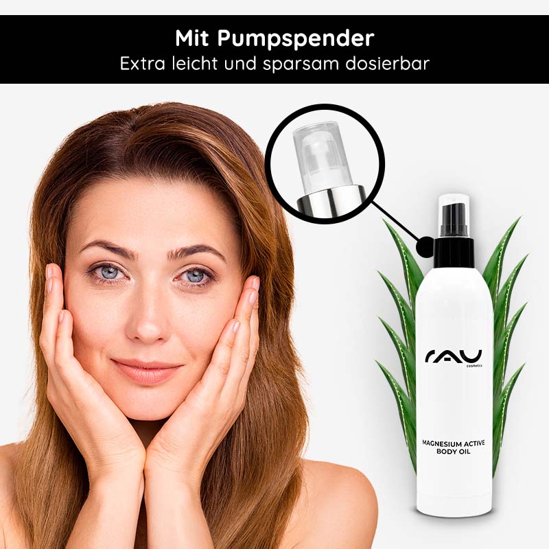 Magnesium Active Body Oil 250 ml - LIMITED EDITION Frau mit sanftem Gesichtsausdruck, die Magnesium Active Body Oil von RAU Cosmetics hält, umgeben von Aloe Vera, mit Pumpspender-Design für einfache Dosierung.