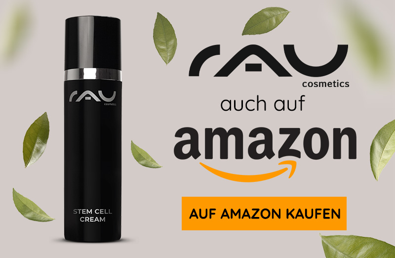 RAU Stem Cell Cream in eleganter schwarzer Flasche mit RAU-Logo und Amazon-Verfügbarkeitsmeldung für Anti-Aging-Hautpflege.