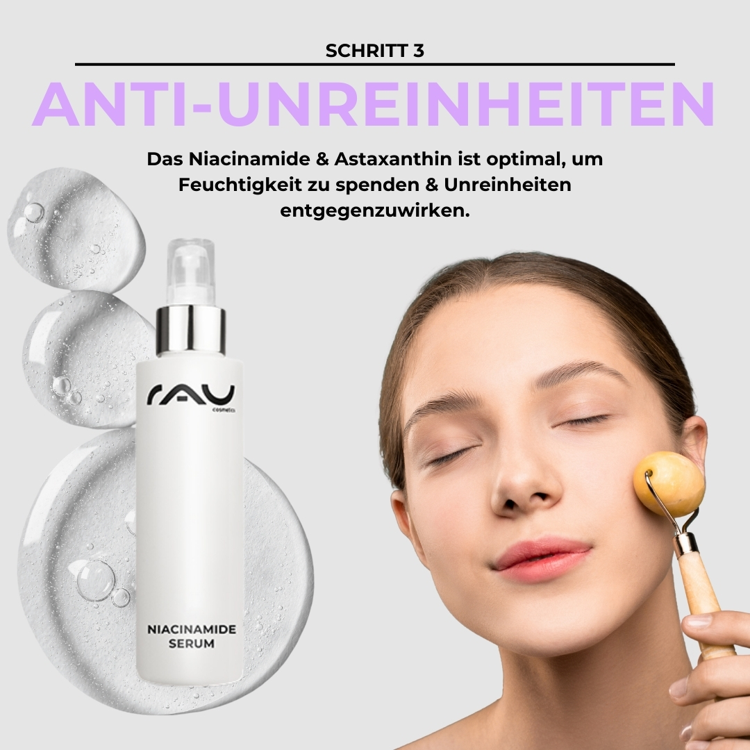 Profi Pflegeroutine für unreine fettige Haut Niacinamid-Serum von RAU Cosmetics, Frau trägt Serum mit Jaderoller auf, Routineschritt zur Hautpflege gegen Hautunreinheiten, Fokus auf Feuchtigkeit und Hautunreinheitenvorbeugung.