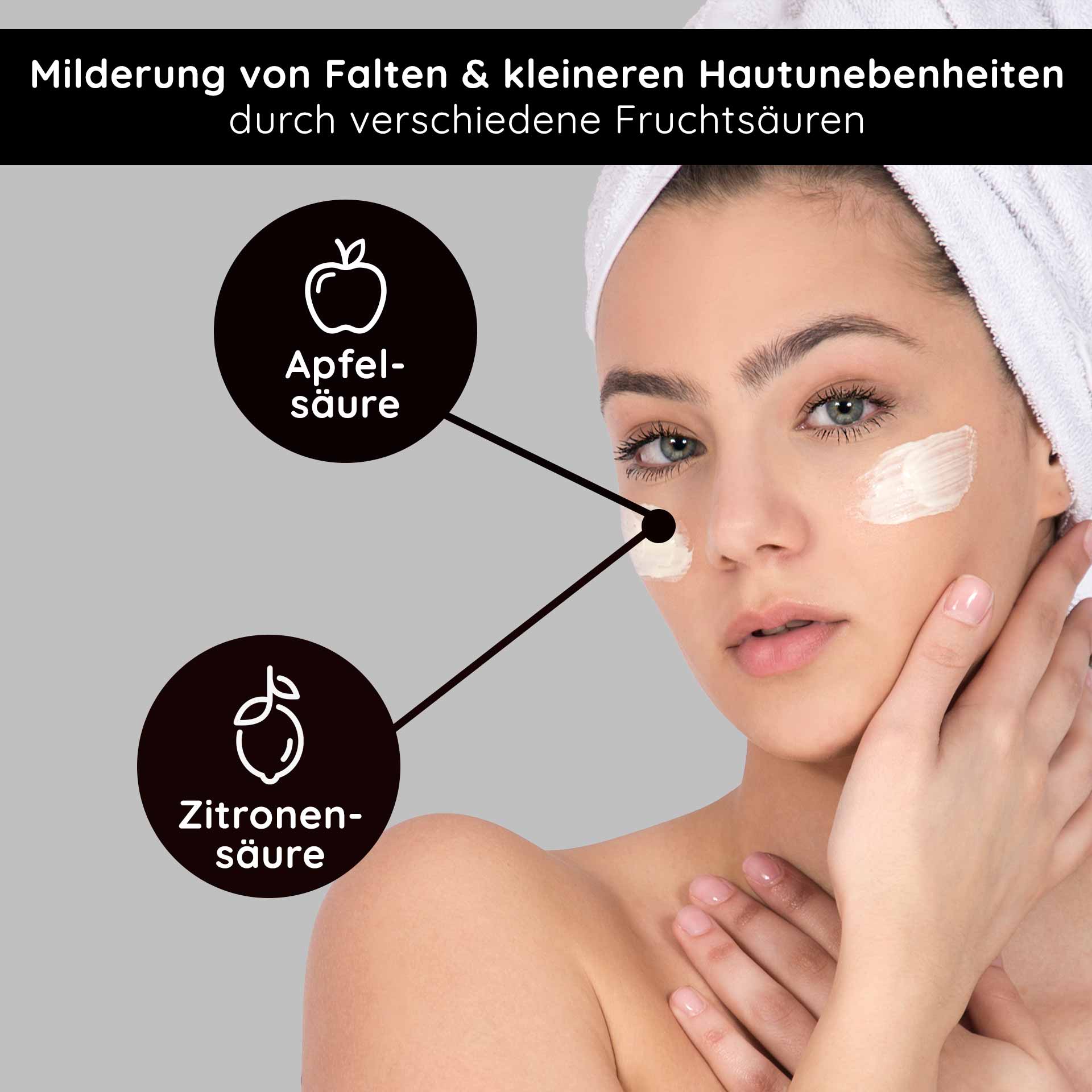 Fruit Acid & BHA Cream 50 ml - BHA Fruchtsäurecreme Frau mit Hand im Gesicht, trägt Fruchtsäurecreme, hervorgehobene Inhaltsstoffe: Apfelsäure und Zitronensäure, zur Milderung von Falten und Hautunebenheiten.