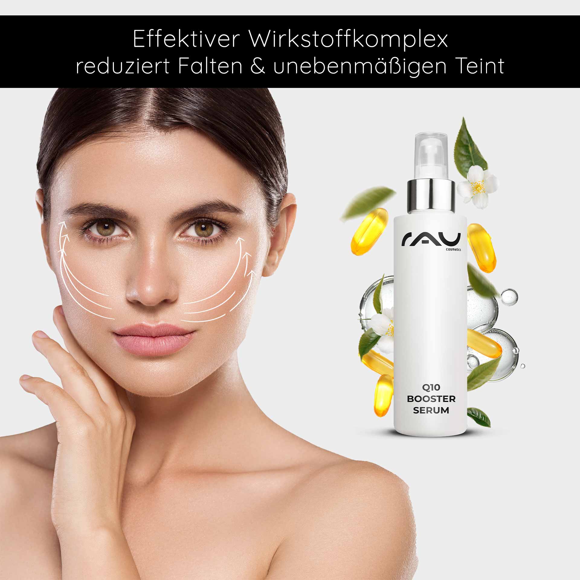 Q10 Booster Serum 100 ml - mit Hyaluron, Q10 & Lecithin Effektives Q10 Booster Serum von RAU Cosmetics, präsentiert auf einem Gesicht mit feuchtigkeitsspendenden und anti-aging Eigenschaften, um Falten zu reduzieren und den Teint zu verbessern.