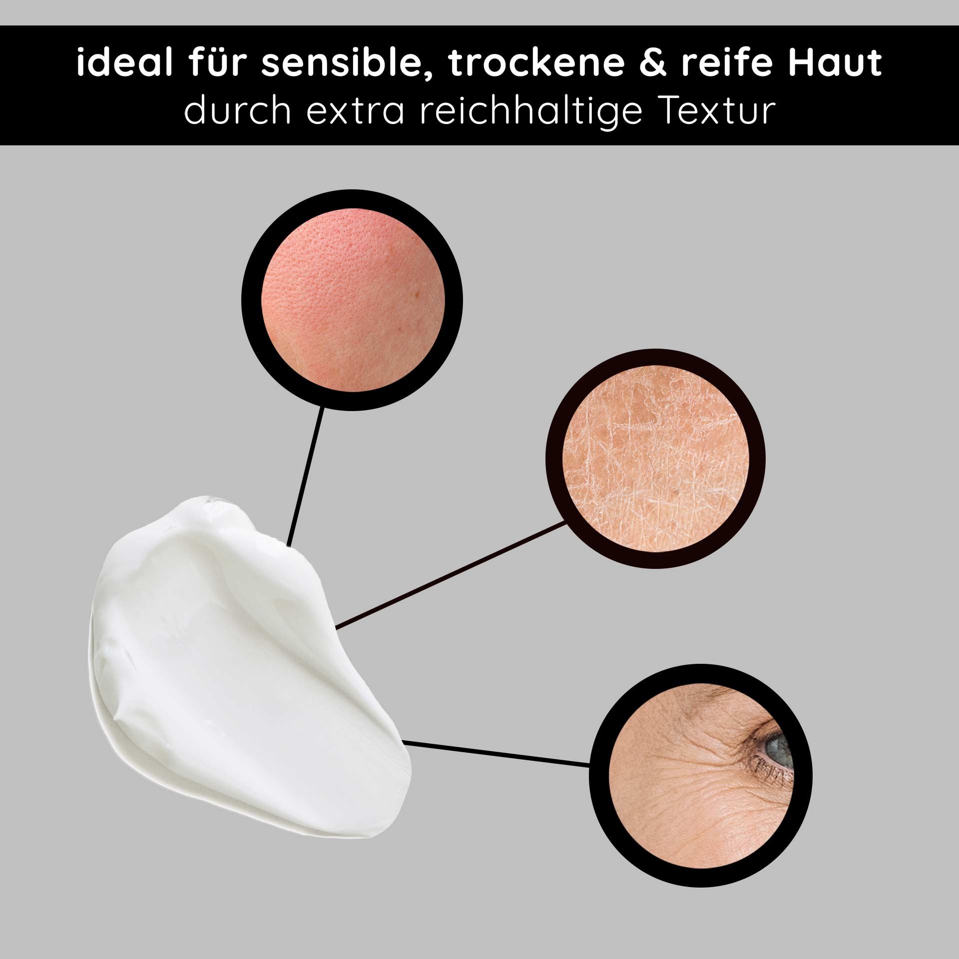 Tiegel mit Rich Honey Eye Cream 15ml, cremefarbener Deckel, weißer Korpus, auf hellem Hintergrund