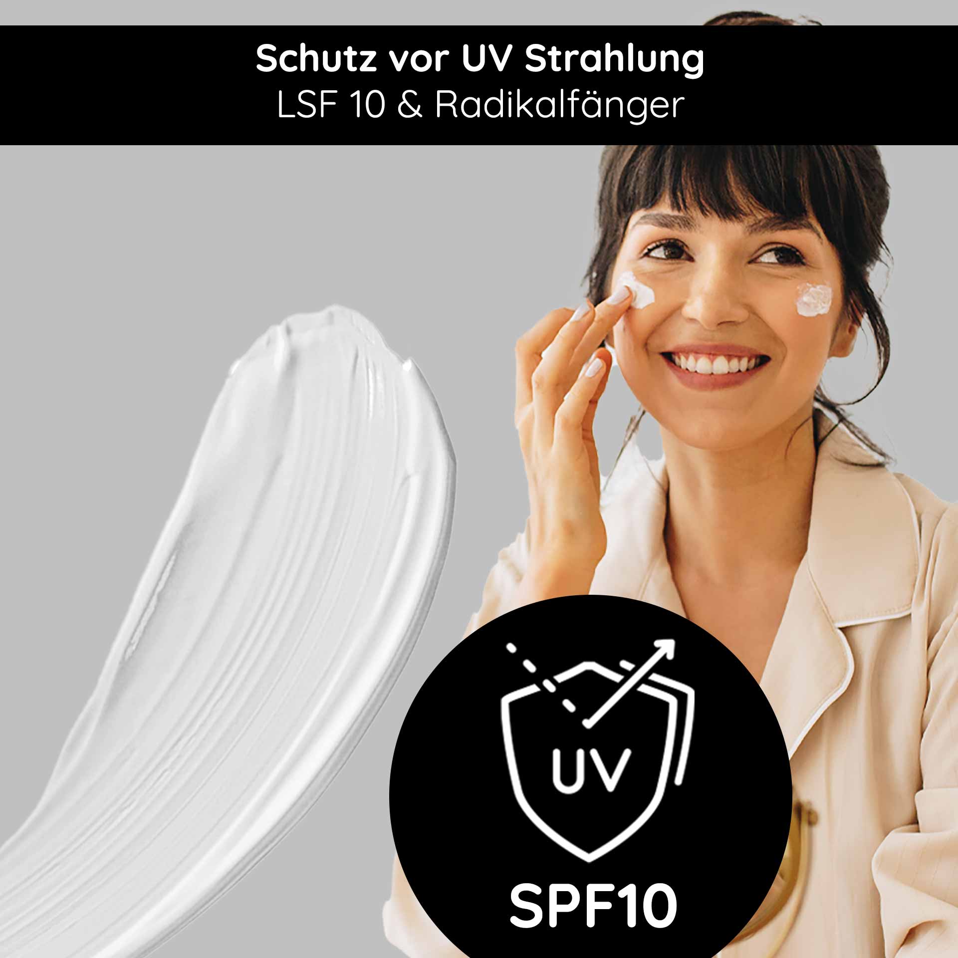 Hyaluron Cream SPF10 50 ml Gesichtscreme mit UV-Schutz für trockene Haut Frau mit Hyaluron Creme SPF 10 auf dem Gesicht, Schutz vor UV-Strahlung, LSF 10, strahlendes Lächeln, Anwendung von Gesichtscreme, Hautpflege für trockene Haut.