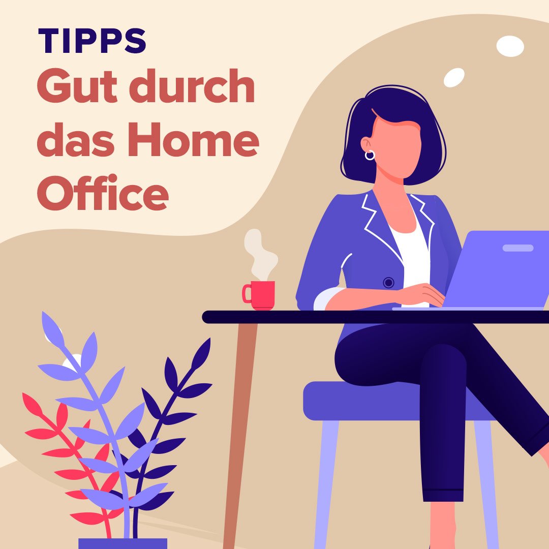 Frau im Home Office, arbeitend am Laptop, mit Kaffeetasse und Pflanzen, illustriert Tipps für effektives Arbeiten von zu Hause.