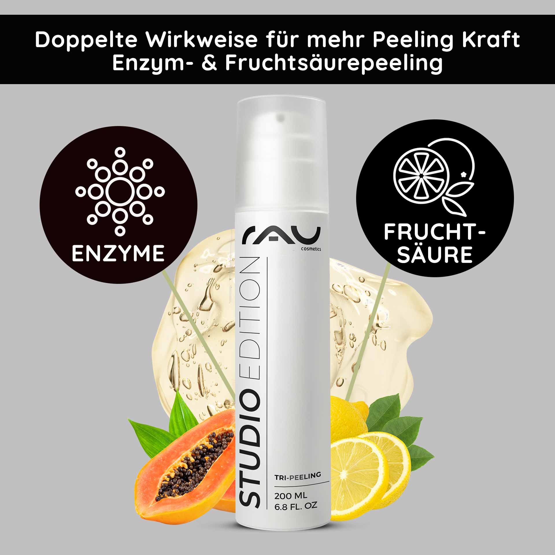 Tri-Peeling 200 ml Enzym- & Fruchtsäurepeeling Flasche Tri-Peeling von RAU Cosmetics, 200 ml, mit Abbildung von Enzymen und Fruchtsäuren, umgeben von Papaya- und Zitrusfrüchten, auf grauem Hintergrund, betont die multifunktionale Wirkung und Hautpflegeeigenschaften.