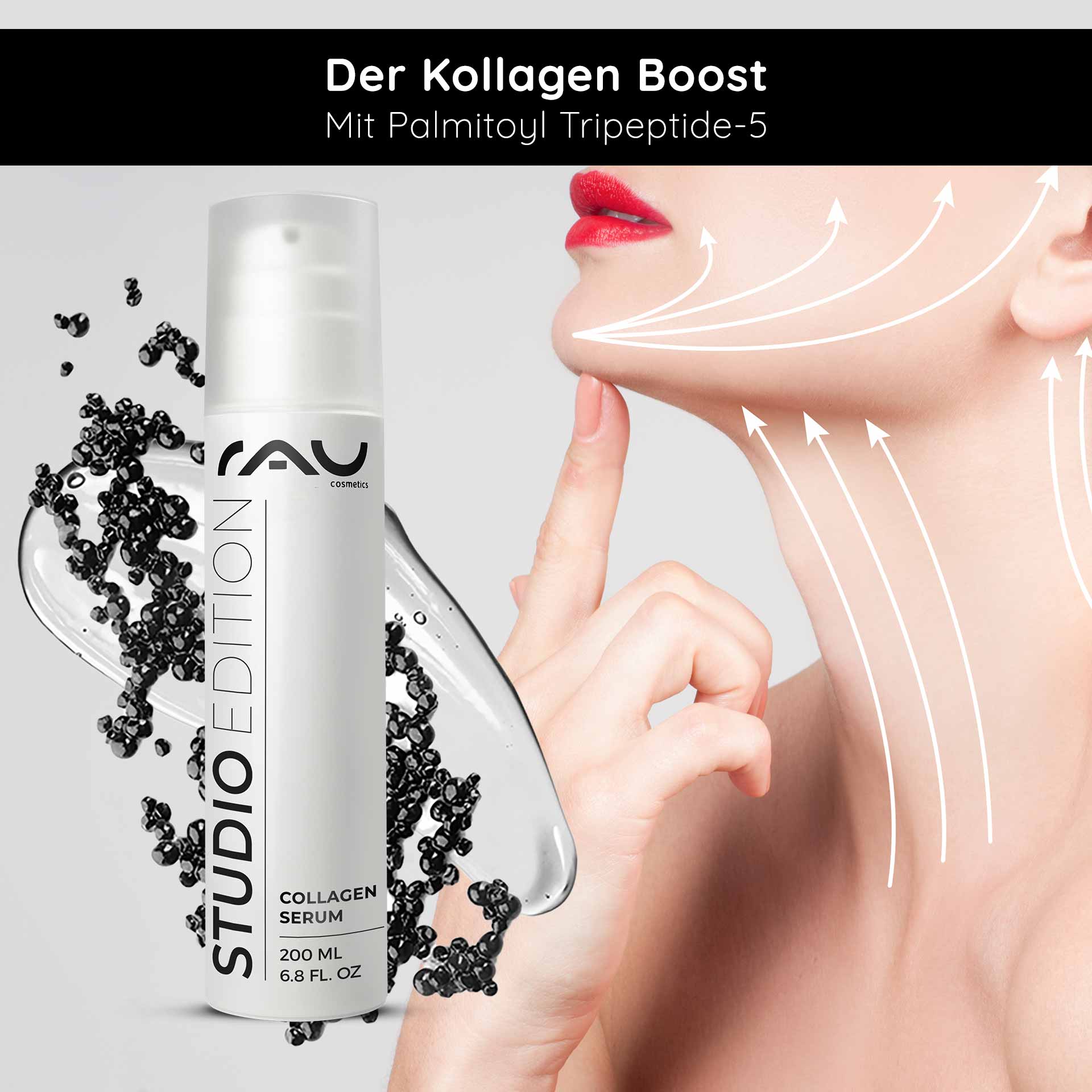 Caviar 24h Cream 200 ml Hautpflege mit Caviar Extrakt RAU Cosmetics Collagen Serum in einer eleganten Flasche mit Kaviarextrakt, das die Anti-Aging-Wirkung hervorhebt, wird mit Pfeilen auf die Haut aufgetragen, die den Lifting-Effekt anzeigen.