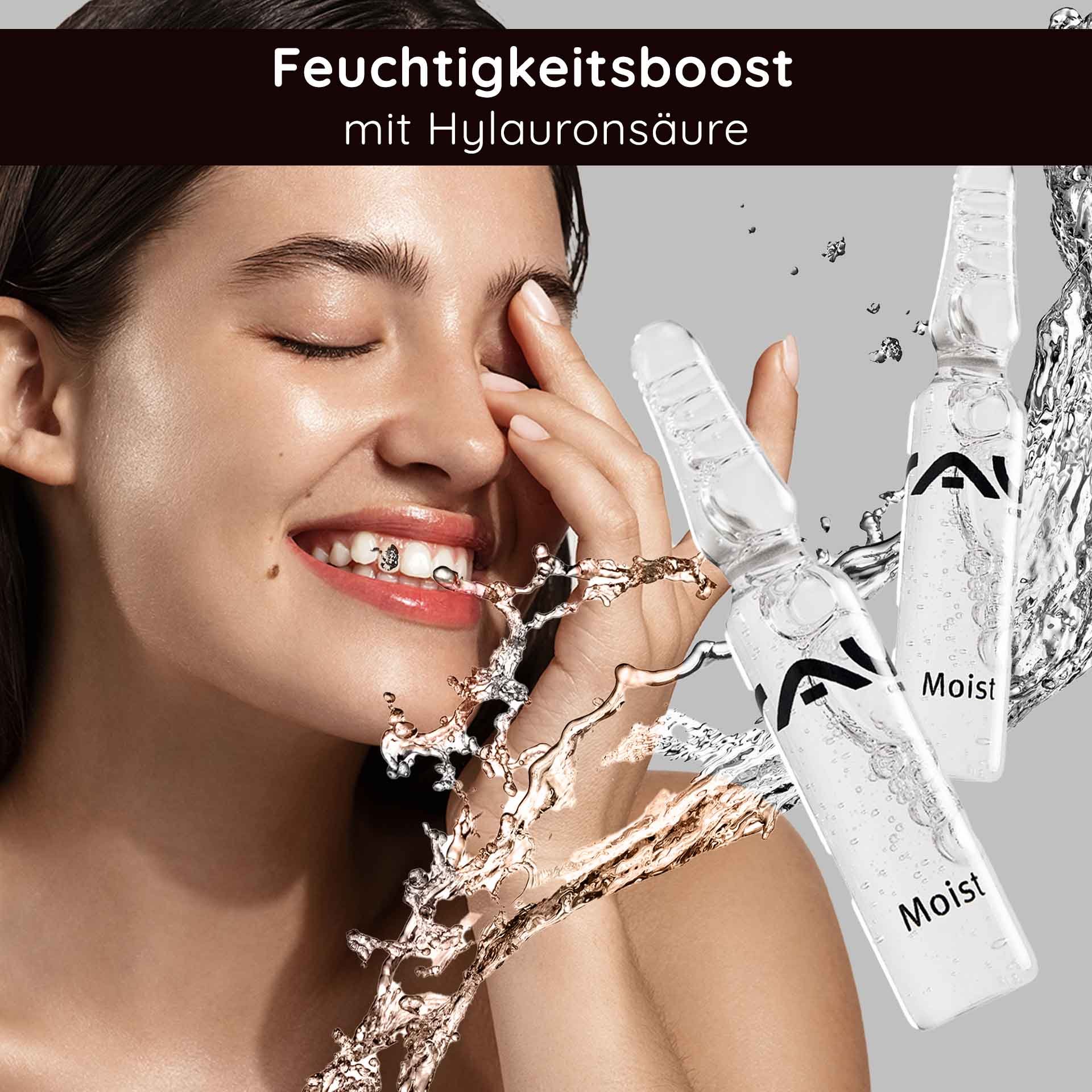RAU Cosmetics Moist Ampullen – Feuchtigkeitsserum in Glasampullen, verpackt in einer Box mit Applikator, ideal für trockene und reife Haut.