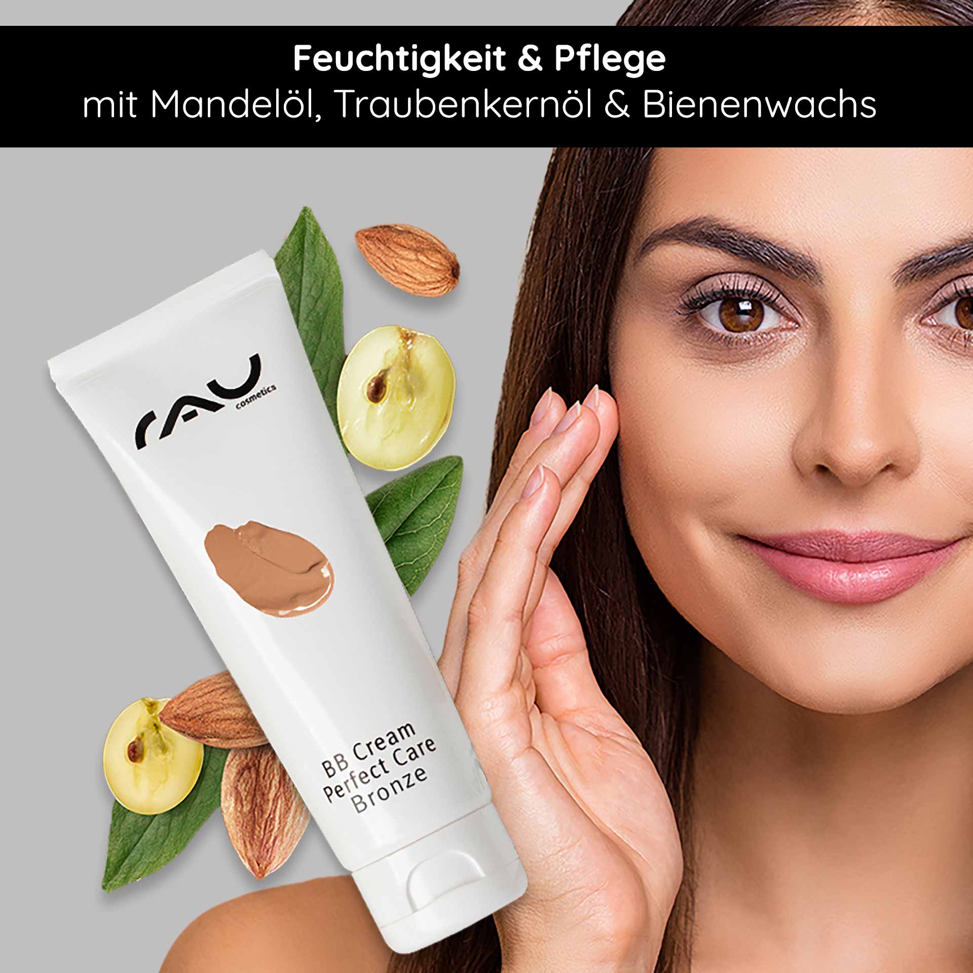 BB Cream Perfect Care Bronze 75 ml LSF12 Make-up & Pflege BB Cream Perfect Care Bronze-Tube mit Mandel- und Traubenkernöl, Frau trägt das Produkt auf ihr Gesicht auf und betont die feuchtigkeitsspendende und hautpflegende Wirkung.