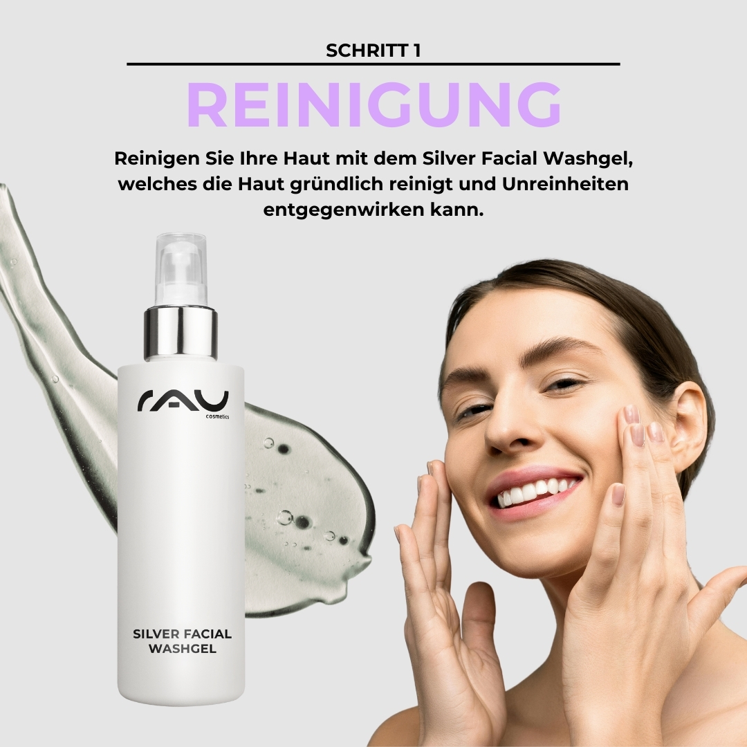 Profi Pflegeroutine für unreine fettige Haut Frau mit fröhlichem Gesicht, die das Silver Facial Washgel von RAU Cosmetics anwendet, um unreine fettige Haut zu reinigen; Produktflasche mit der Aufschrift "Silver Facial Washgel" im Vordergrund.