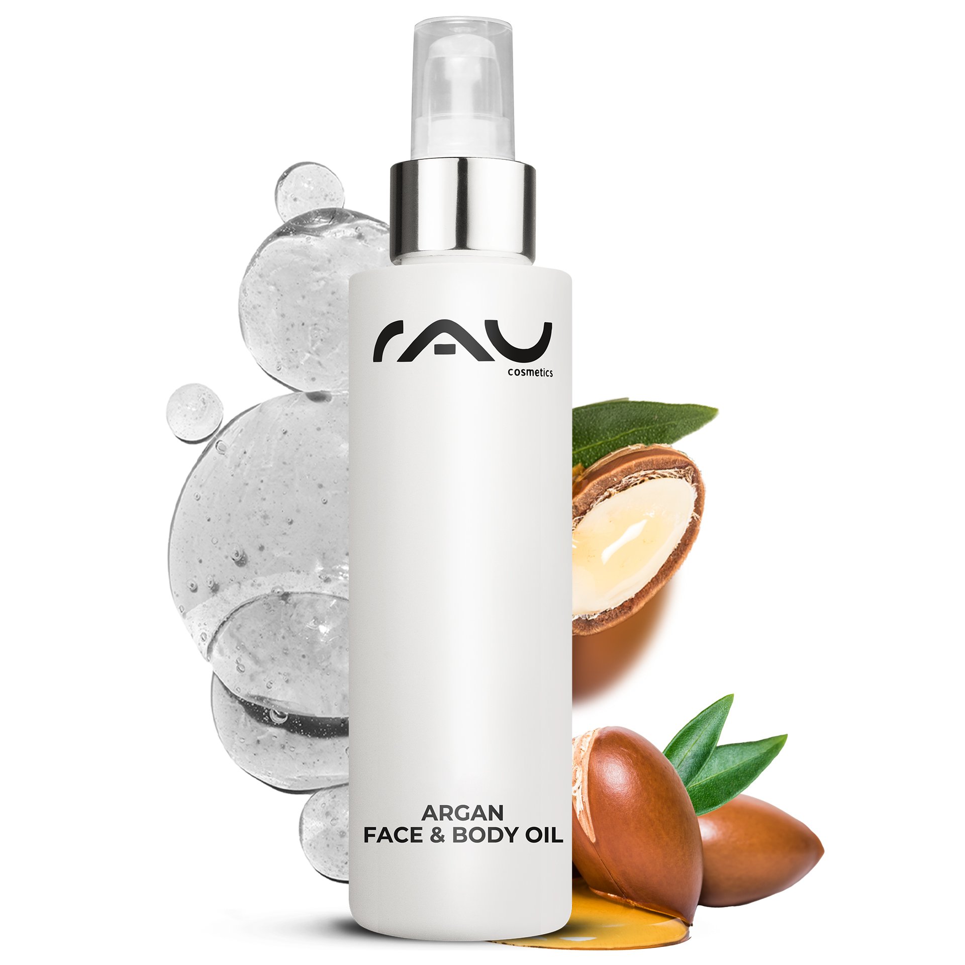 RAU Argan und Vitamin E Face Body Oil 100 ml Flasche mit goldenem Pflegeoel auf hellem Hintergrund