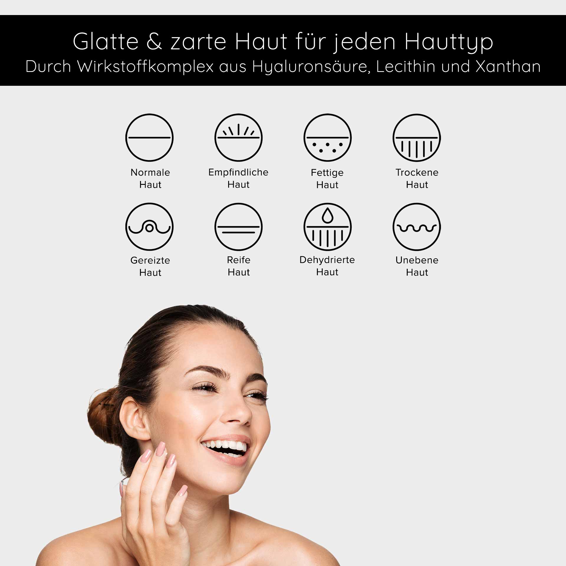 Q10 Booster Serum 100 ml - mit Hyaluron, Q10 & Lecithin Frau mit strahlendem Lächeln und gepflegter Haut, die ein Hautpflegeprodukt anwendet, um verschiedene Hauttypen wie trockene und reife Haut zu behandeln, mit Icons für Hauttypen im Hintergrund.