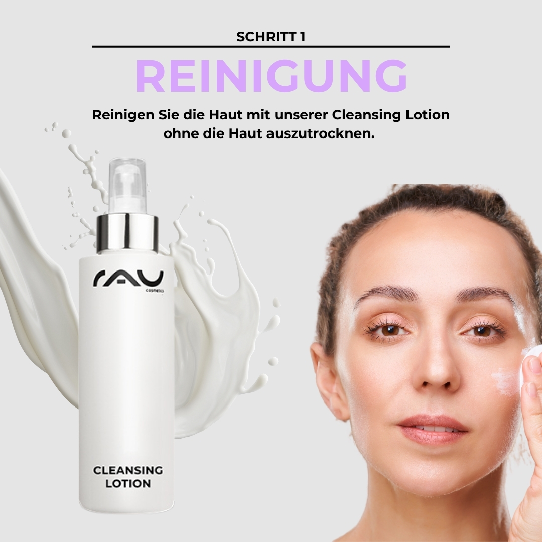 Profi Pflegeroutine für trockene Haut Reinigungslotion von RAU Cosmetics, Frau trägt Produkt auf ihr Gesicht auf, Schritt 1 der professionellen Hautpflegeroutine für trockene Haut, sanfte Reinigung ohne Austrocknen der Haut.