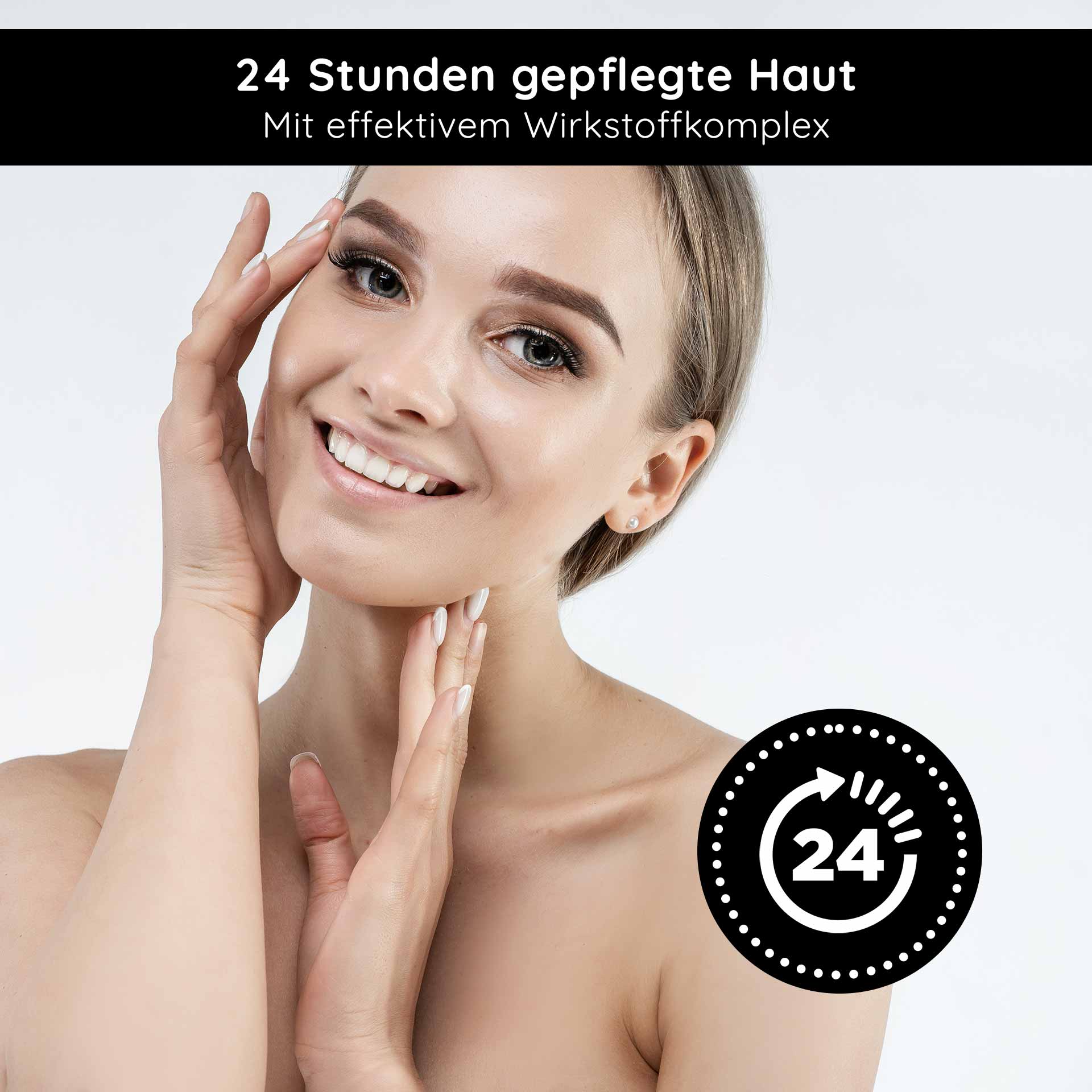 Caviar 24h Cream 200 ml Hautpflege mit Caviar Extrakt Frau mit gepflegtem Gesicht und lächelndem Ausdruck, präsentiert 24 Stunden Hautpflege mit effektivem Wirkstoffkomplex, geeignet für RAU Cosmetics Caviar 24h Cream.